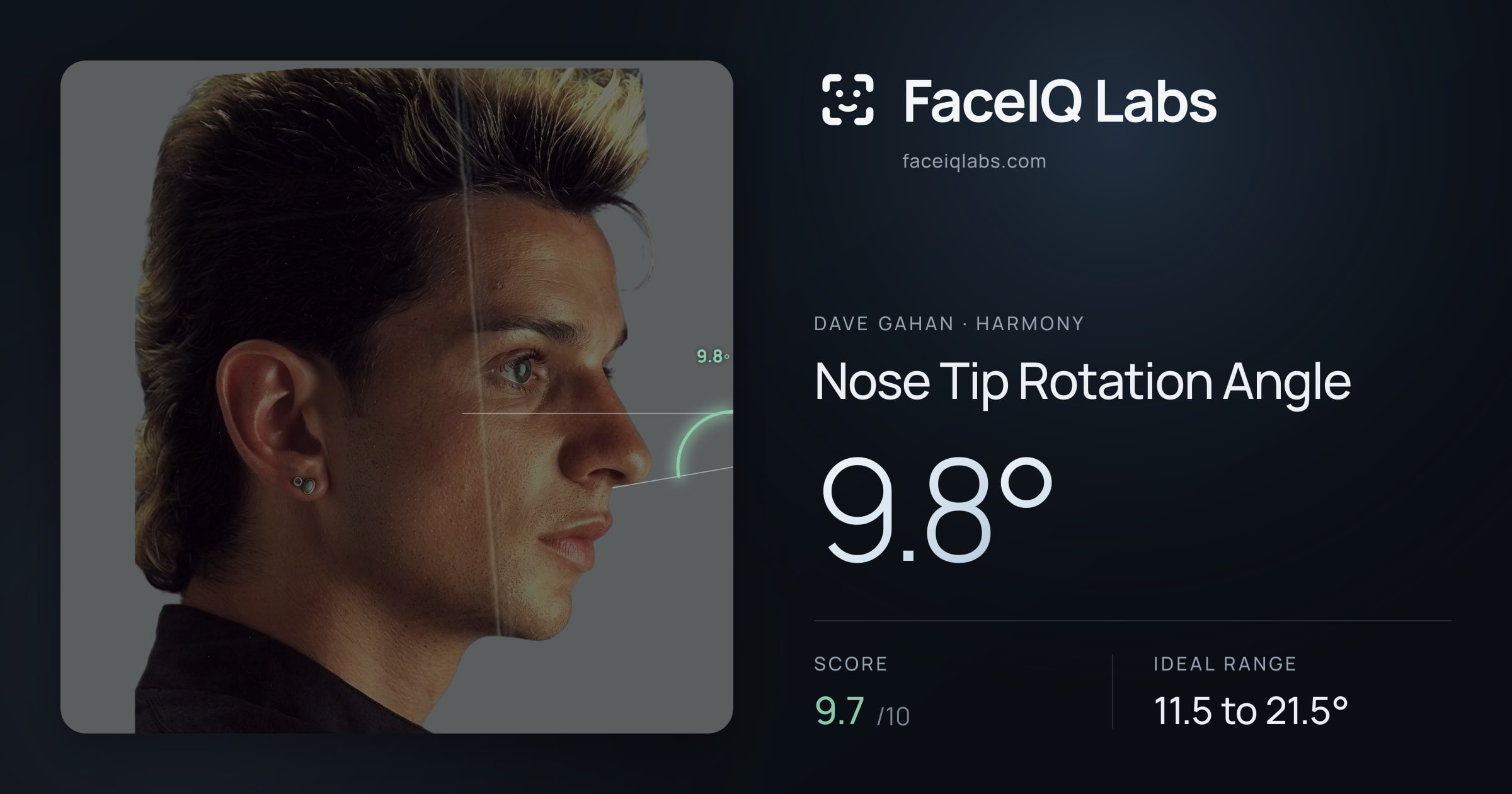 Dave Gahan Nose Tip Rotation Angle: 9.8°, drawn on the photo
