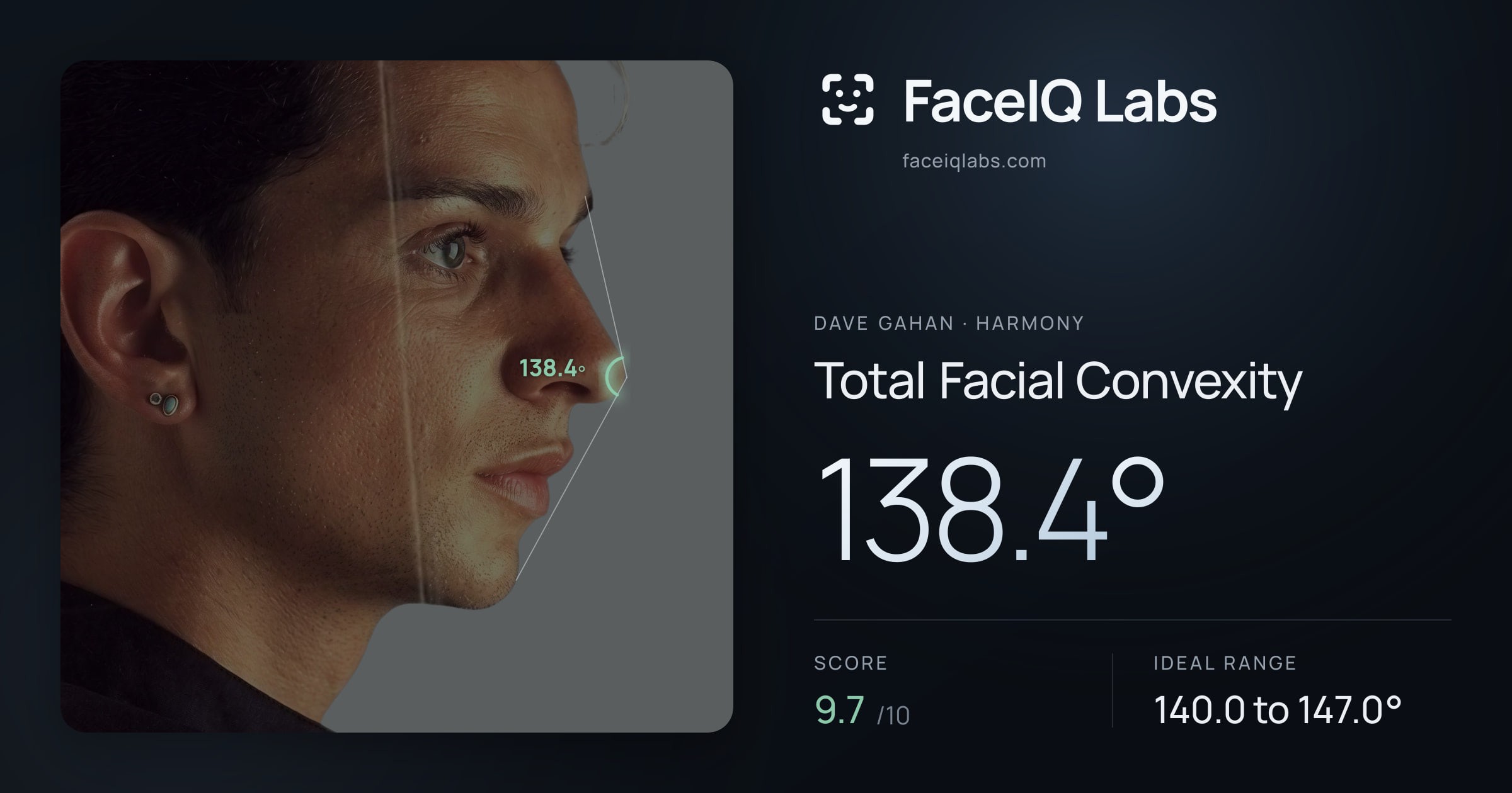 Dave Gahan Total Facial Convexity: 138.4°, drawn on the photo