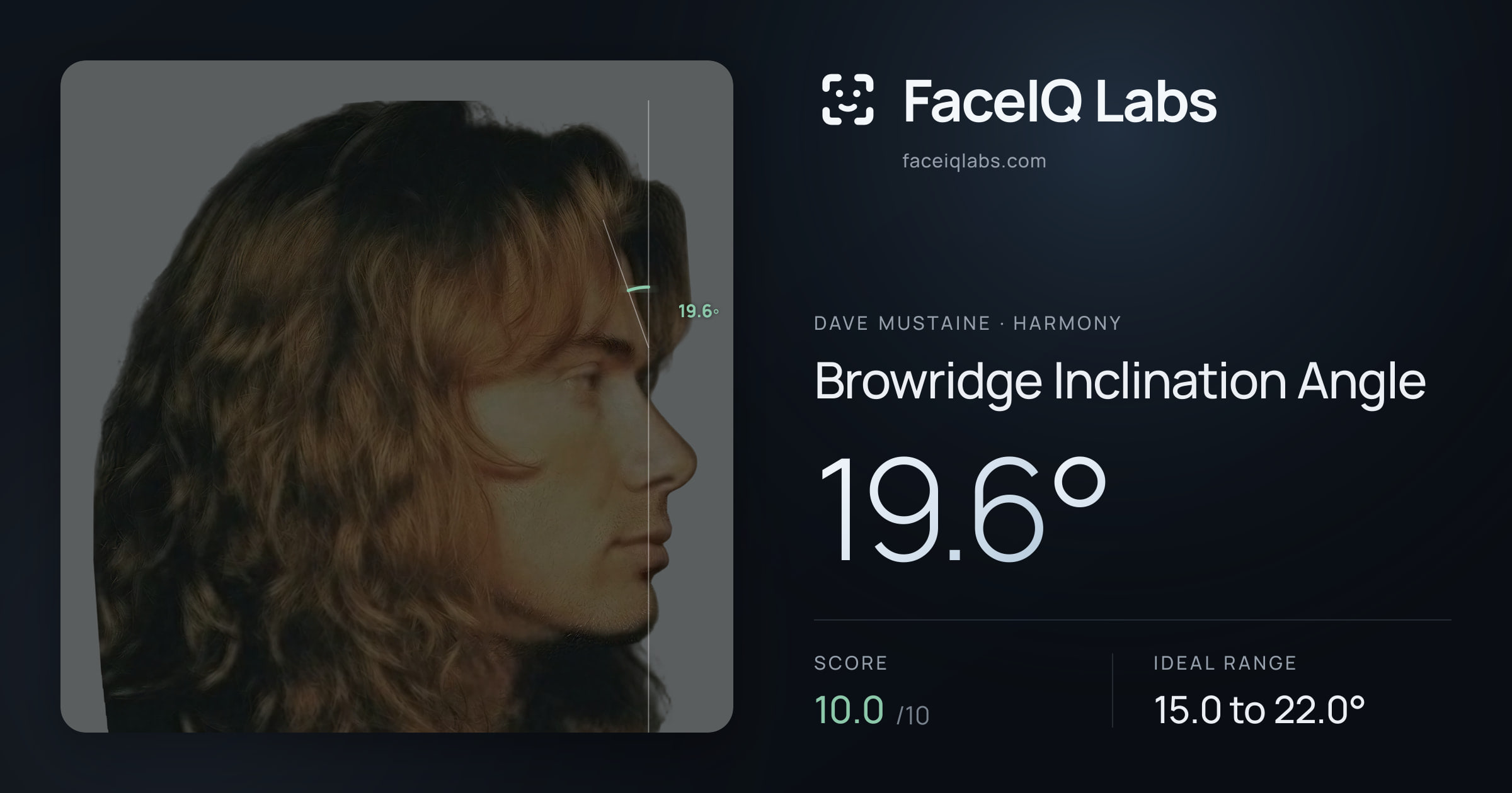 Dave Mustaine Browridge Inclination Angle: 19.6°, drawn on the photo