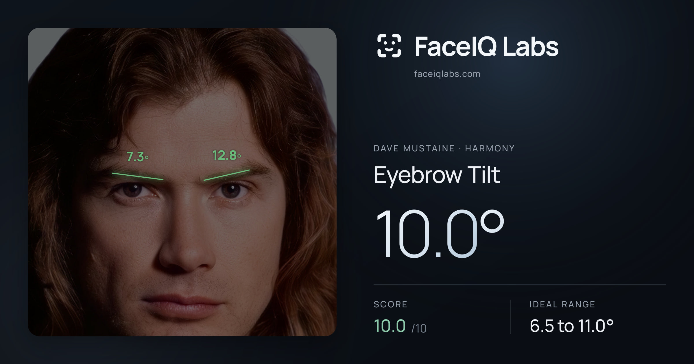 Dave Mustaine Eyebrow Tilt: 10.0°, drawn on the photo