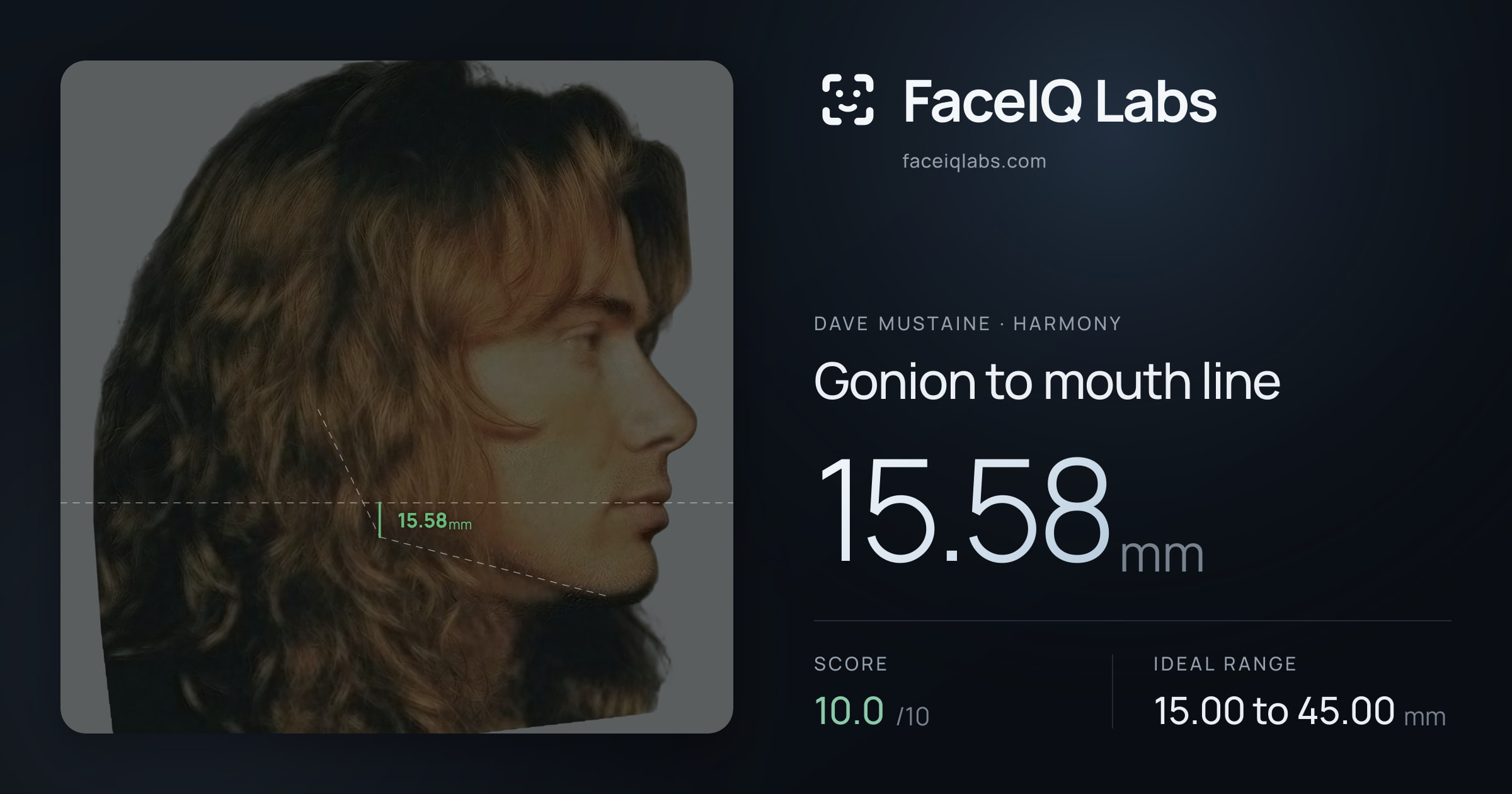 Dave Mustaine Gonion to mouth line: 15.58mm, drawn on the photo