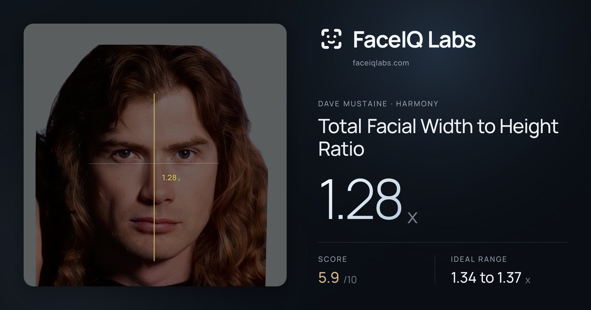 Dave Mustaine Total Facial Width to Height Ratio: 1.28x, drawn on the photo
