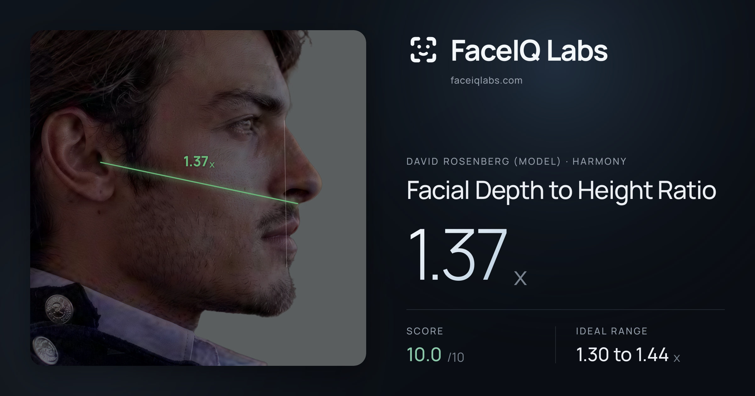 David Rosenberg (Model) Facial Depth to Height Ratio: 1.37x, drawn on the photo