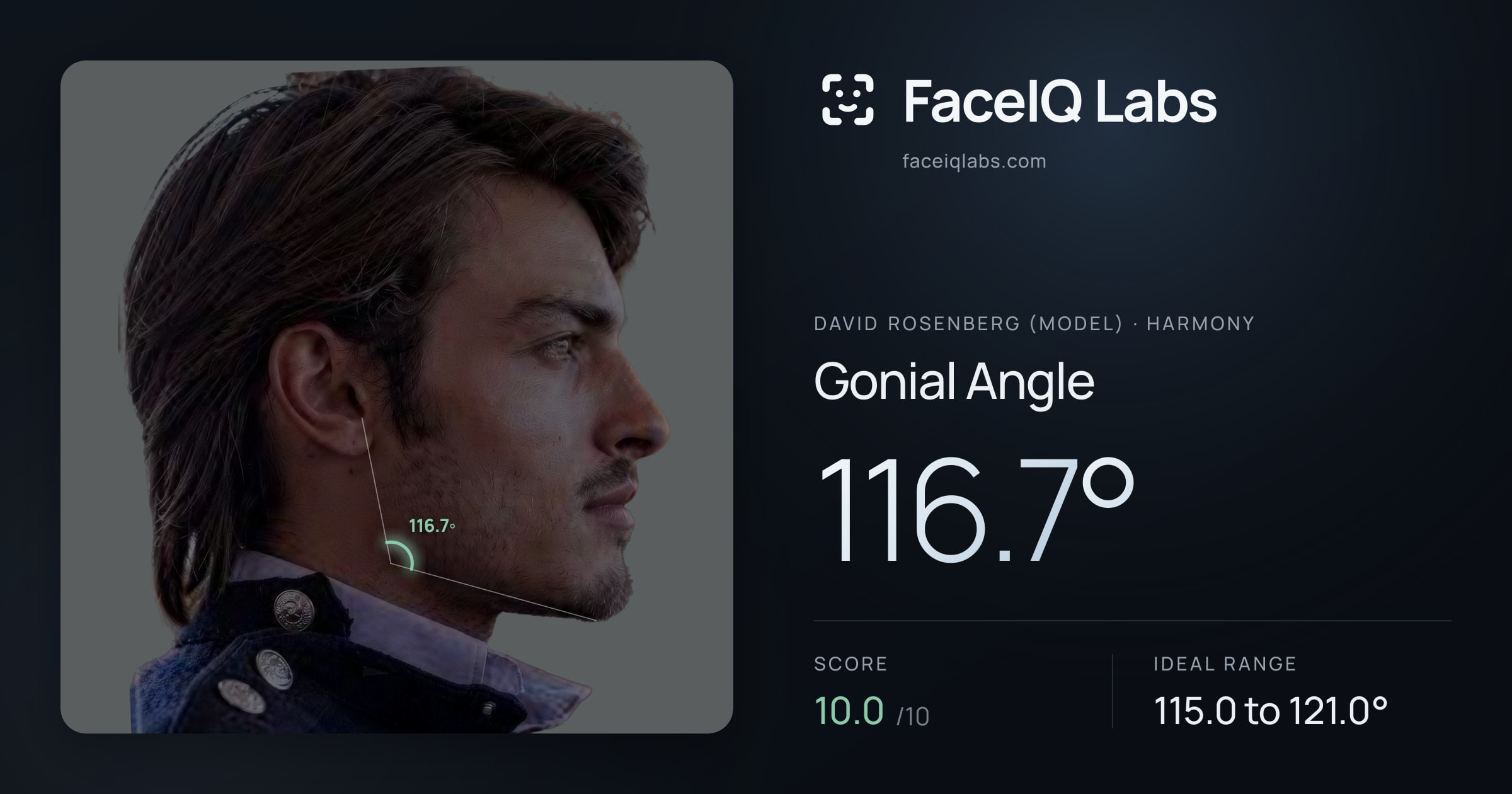 David Rosenberg (Model) Gonial Angle: 116.7°, drawn on the photo