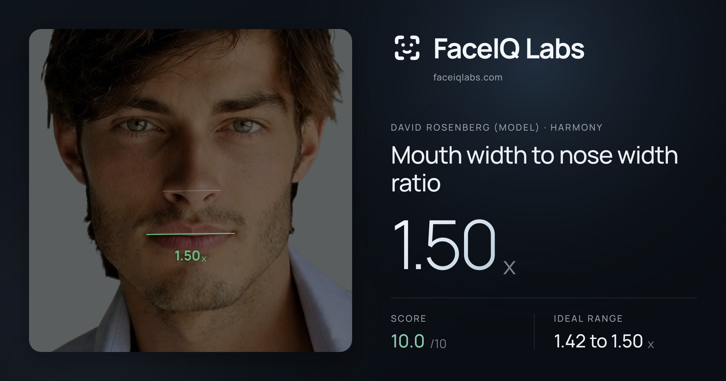 David Rosenberg (Model) Mouth width to nose width ratio: 1.50x, drawn on the photo