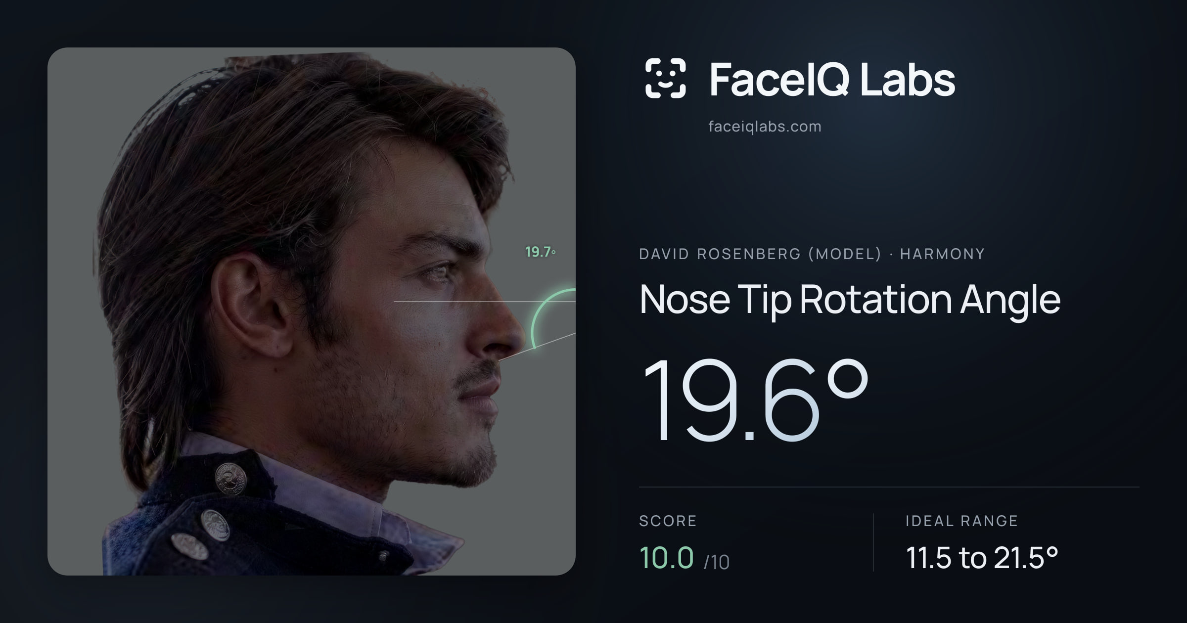 David Rosenberg (Model) Nose Tip Rotation Angle: 19.6°, drawn on the photo
