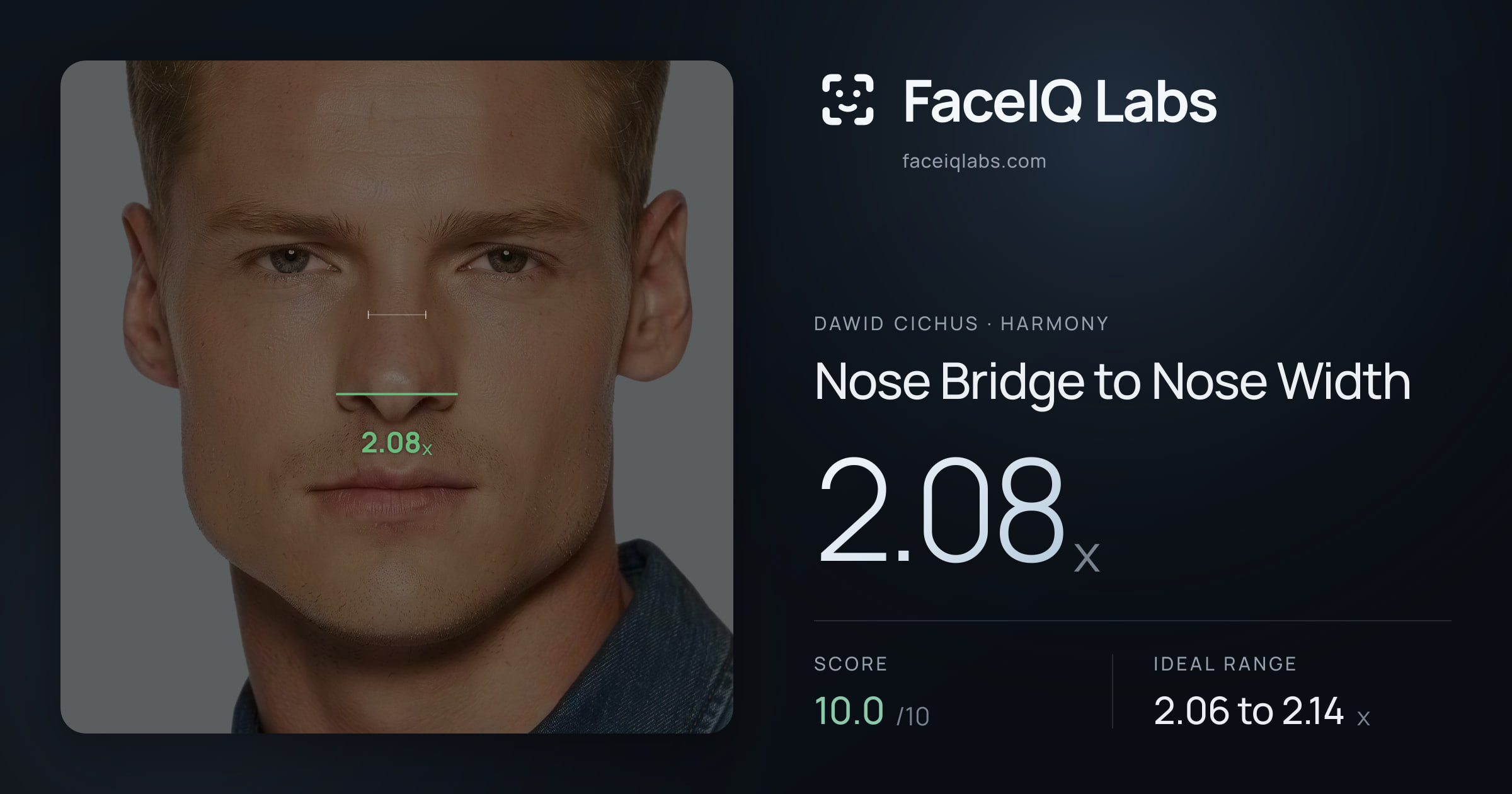 Dawid Cichus Nose Bridge to Nose Width: 2.08x, drawn on the photo