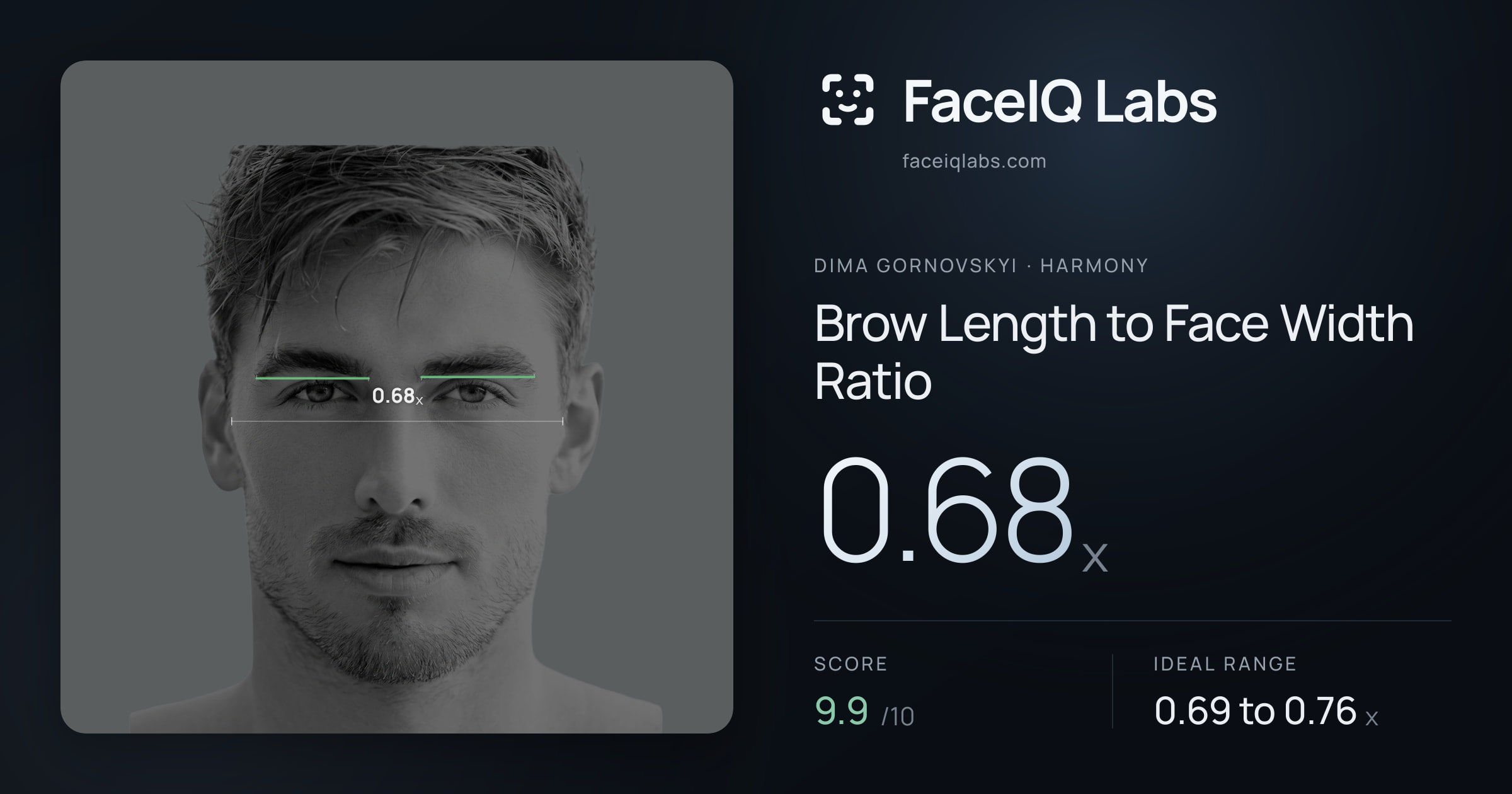 Dima Gornovskyi Brow Length to Face Width Ratio: 0.68x, drawn on the photo