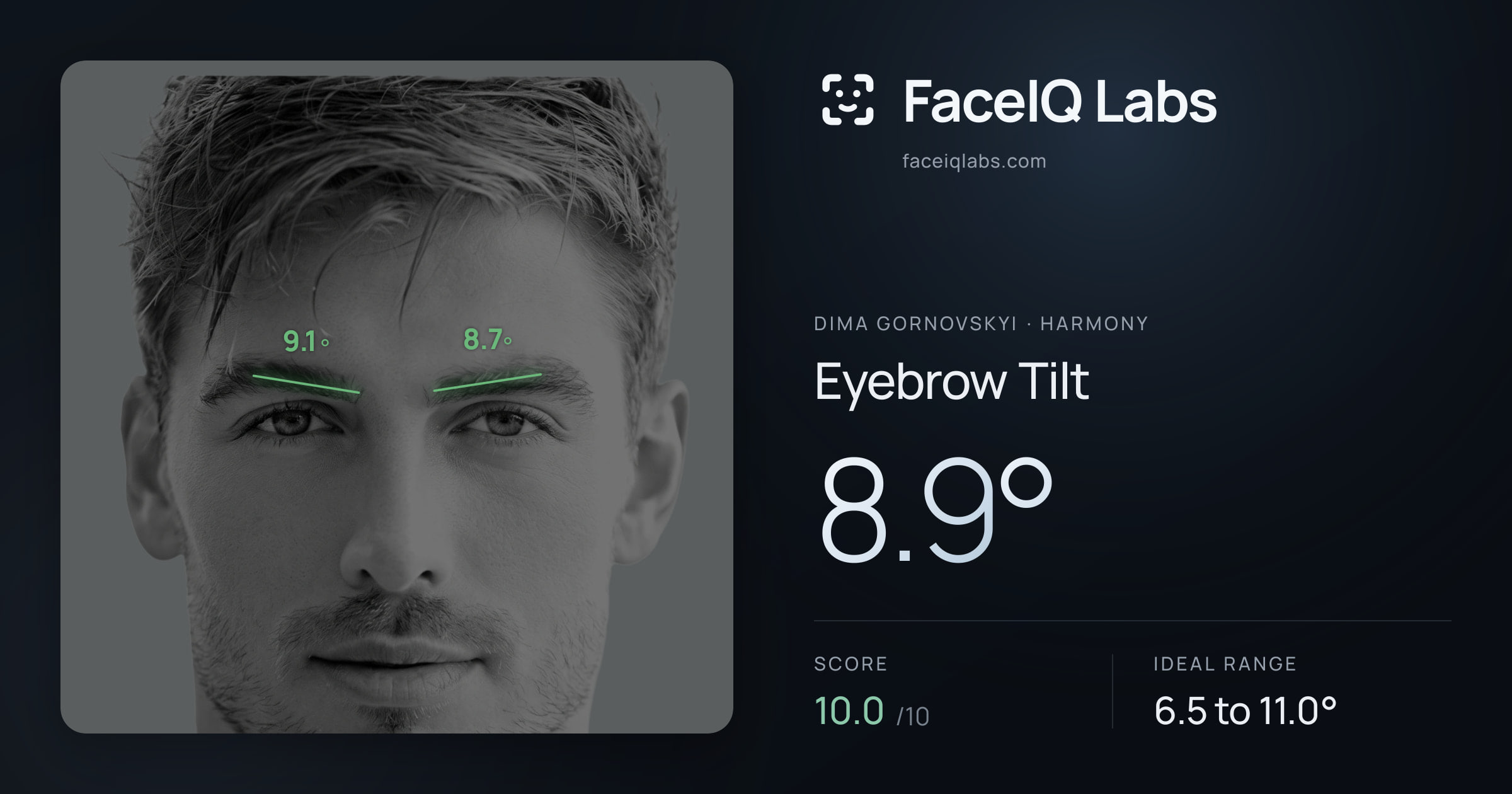 Dima Gornovskyi Eyebrow Tilt: 8.9°, drawn on the photo
