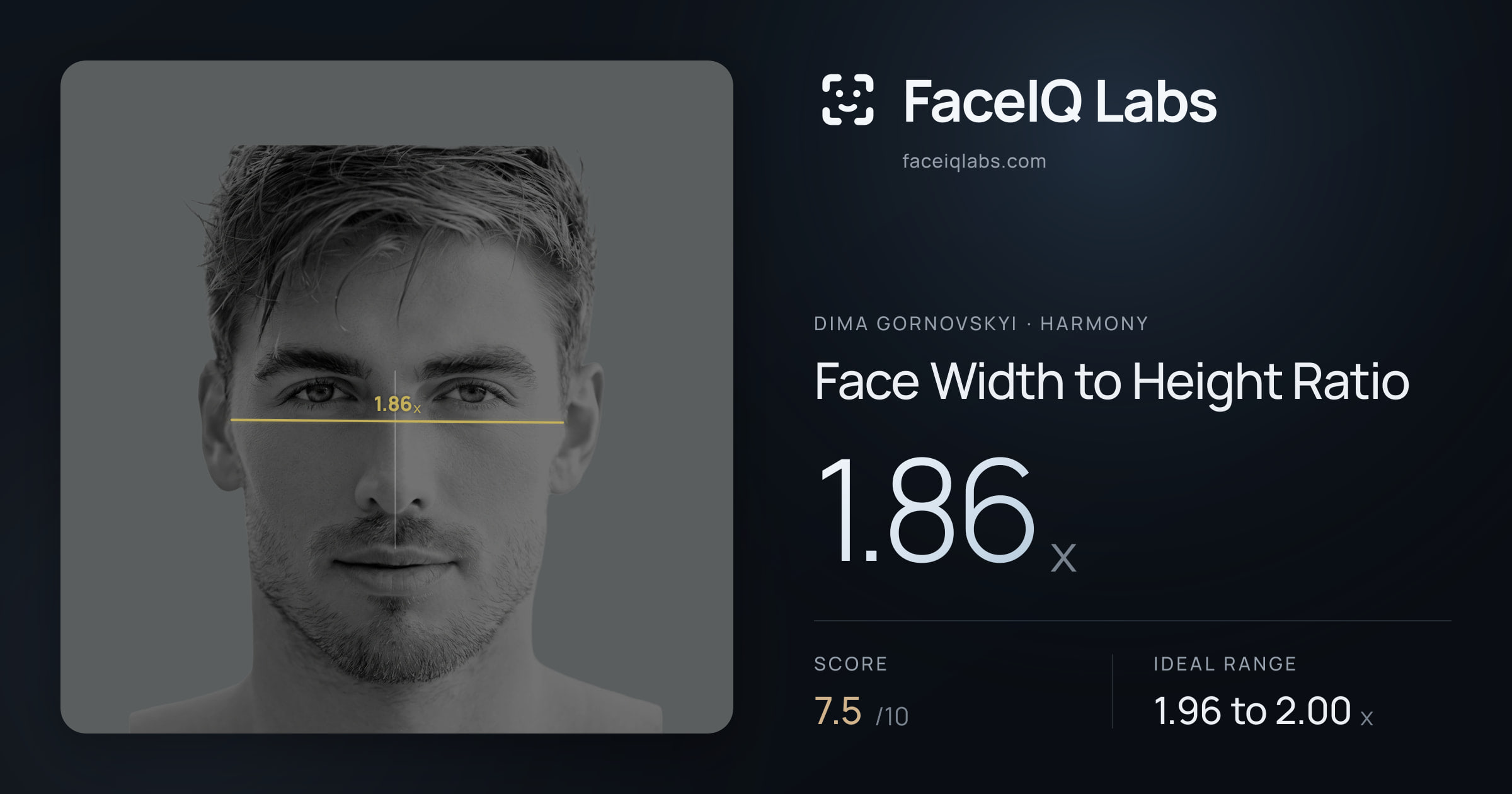 Dima Gornovskyi Face Width to Height Ratio: 1.86x, drawn on the photo