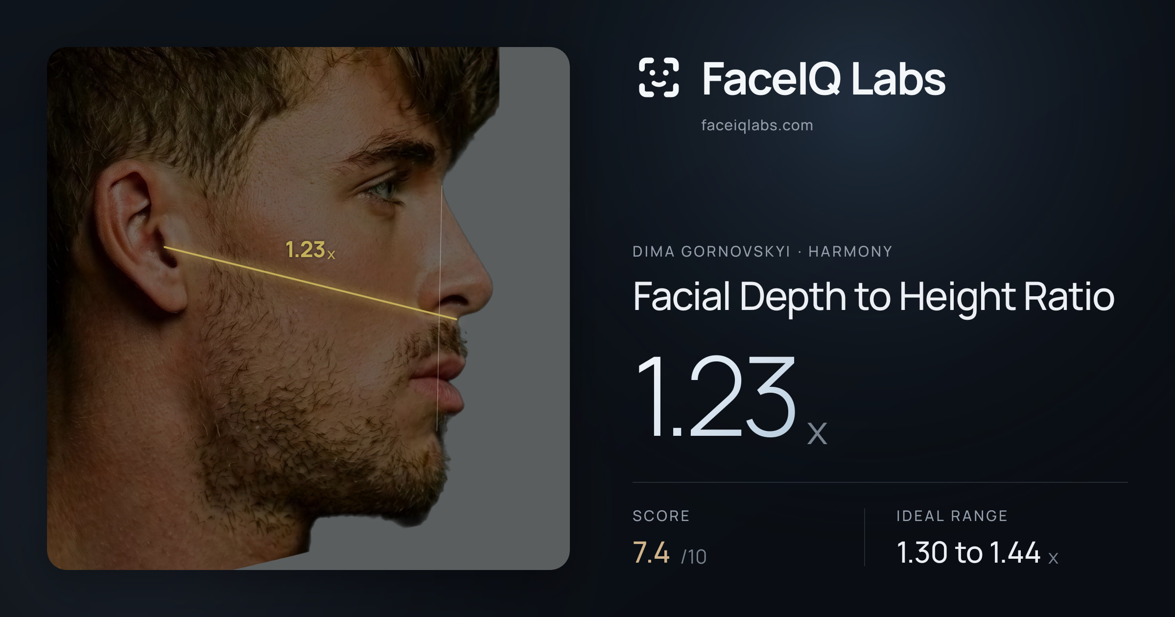 Dima Gornovskyi Facial Depth to Height Ratio: 1.23x, drawn on the photo