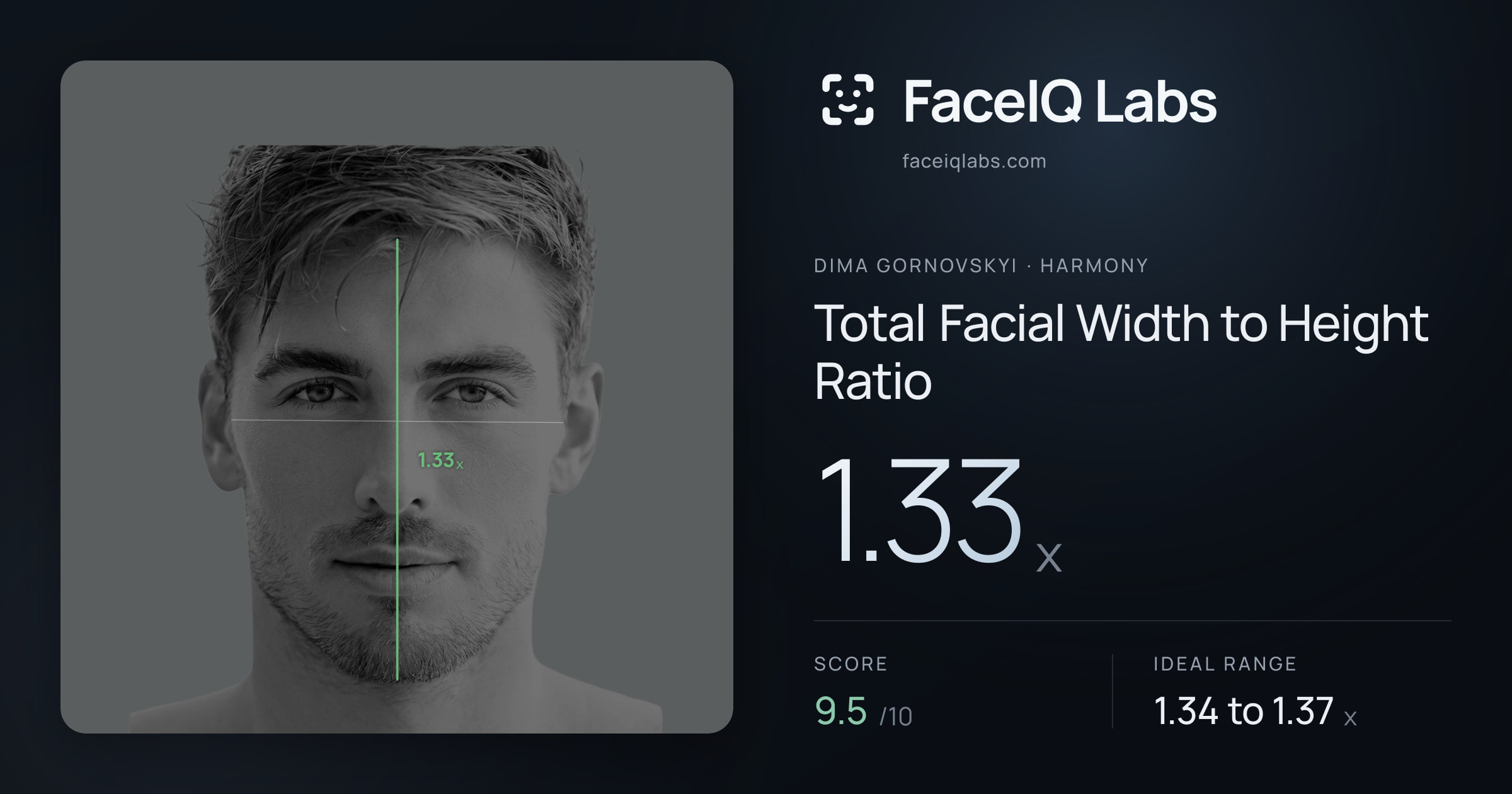 Dima Gornovskyi Total Facial Width to Height Ratio: 1.33x, drawn on the photo