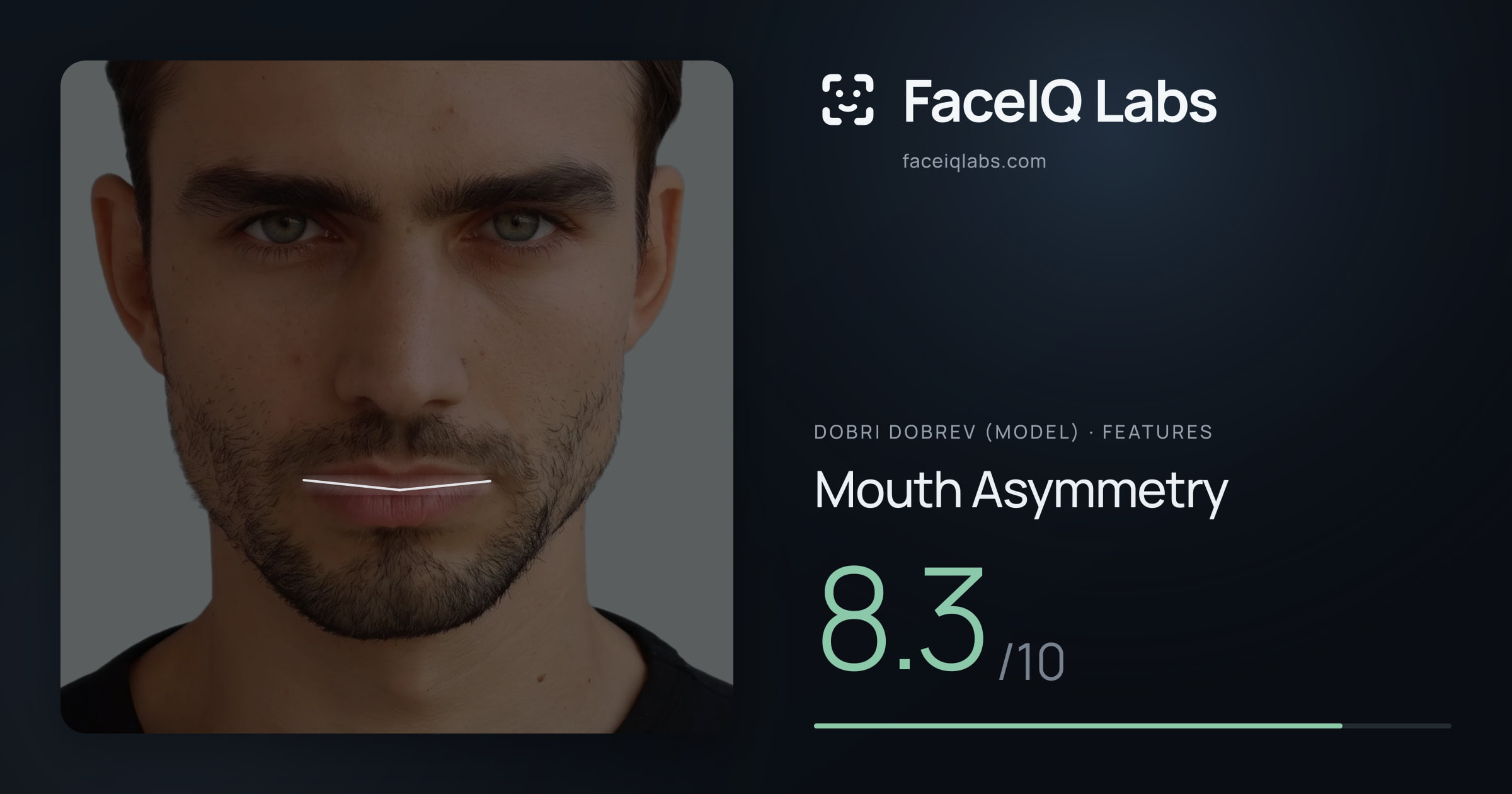 Dobri Dobrev (Model) Mouth Asymmetry: 8.3/10, drawn on the photo