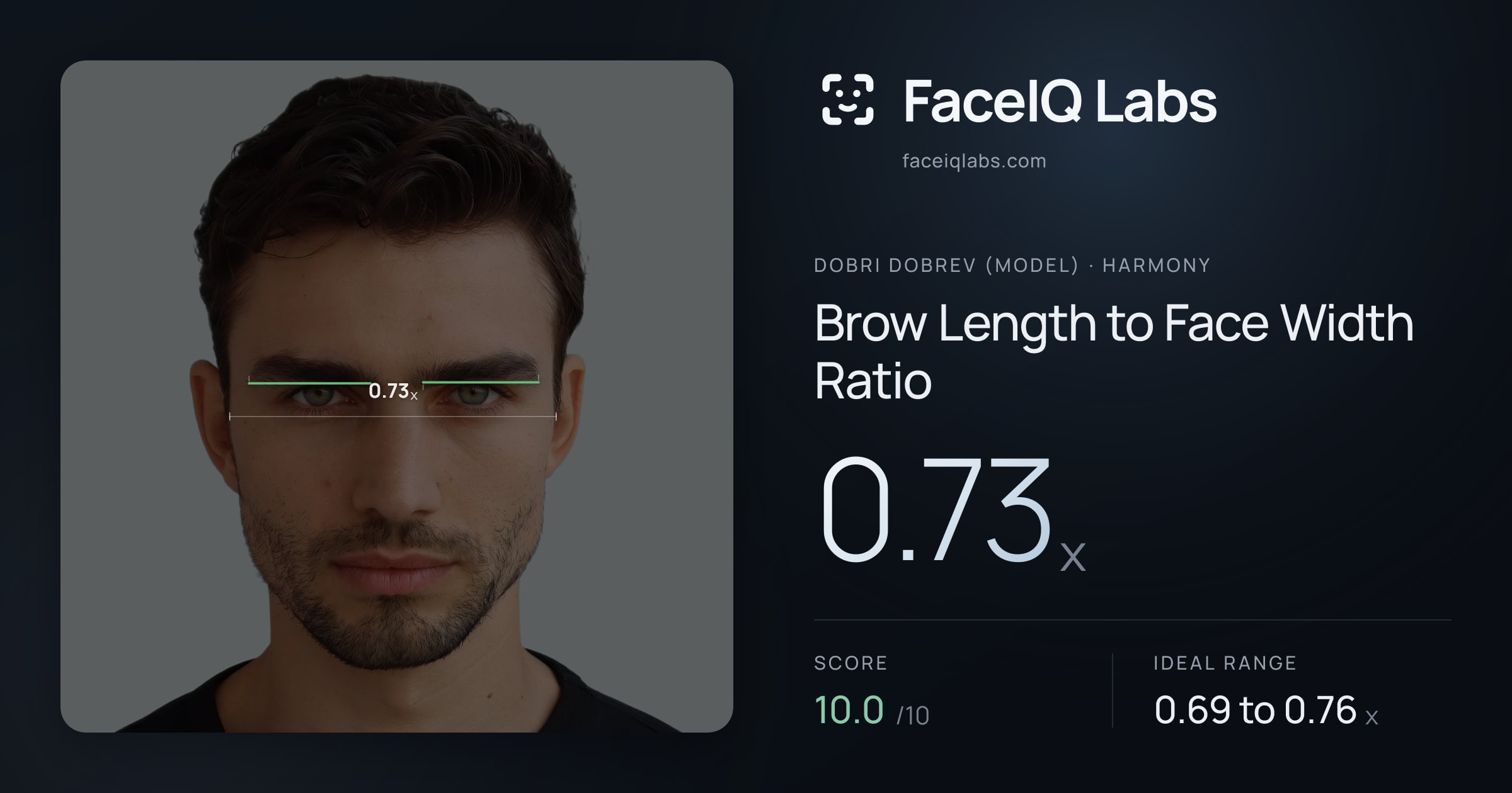 Dobri Dobrev (Model) Brow Length to Face Width Ratio: 0.73x, drawn on the photo