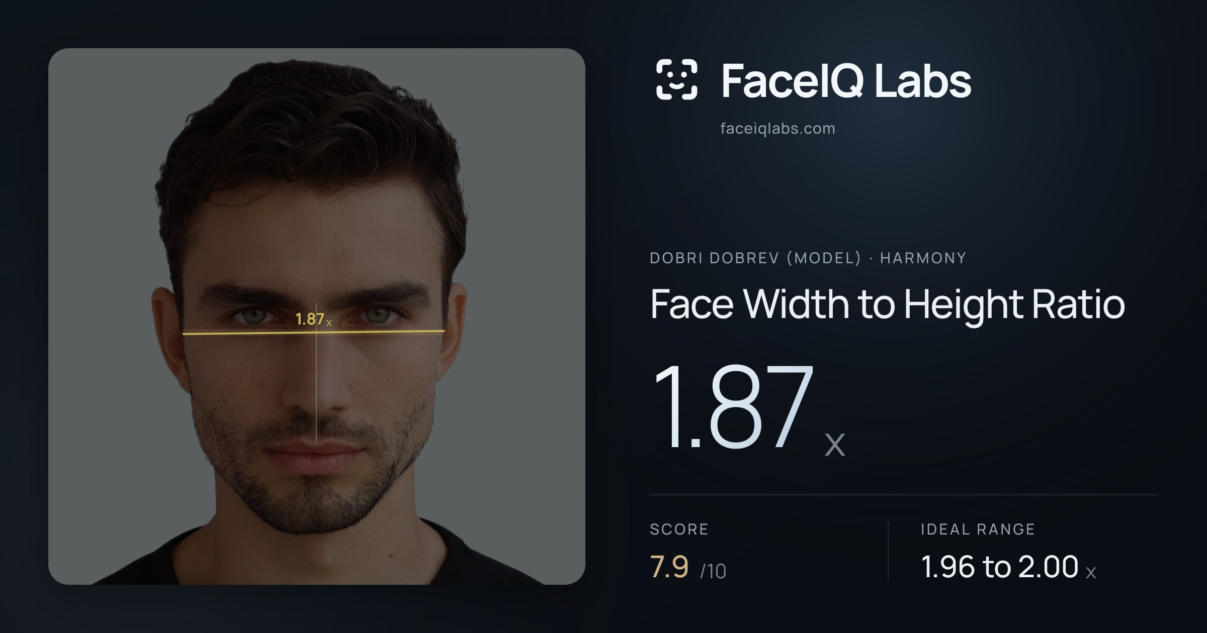 Dobri Dobrev (Model) Face Width to Height Ratio: 1.87x, drawn on the photo