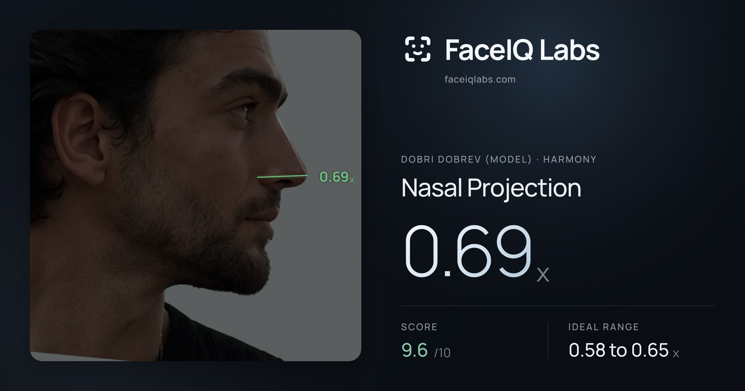 Dobri Dobrev (Model) Nasal Projection: 0.69x, drawn on the photo