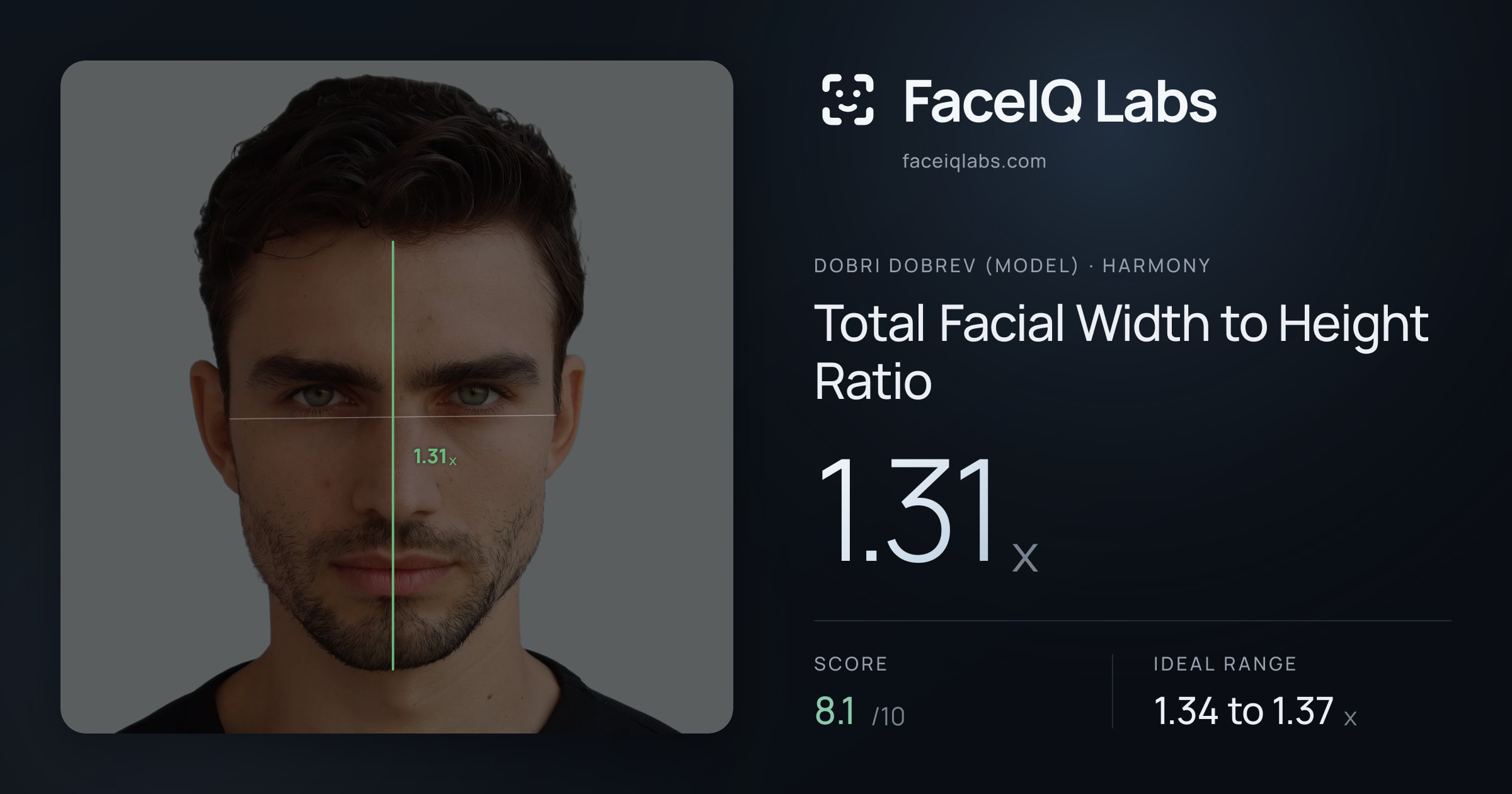 Dobri Dobrev (Model) Total Facial Width to Height Ratio: 1.31x, drawn on the photo