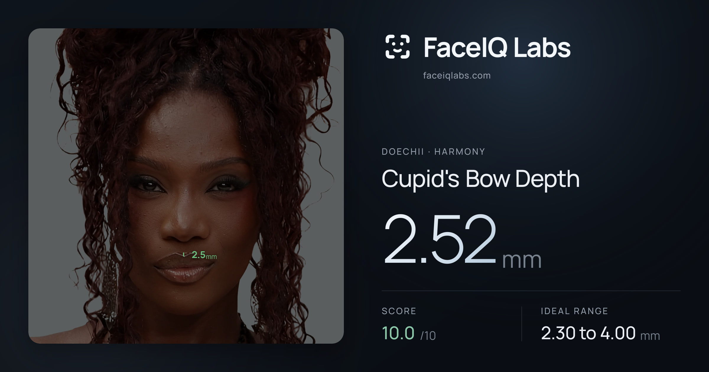 Doechii Cupid's Bow Depth: 2.52mm, drawn on the photo