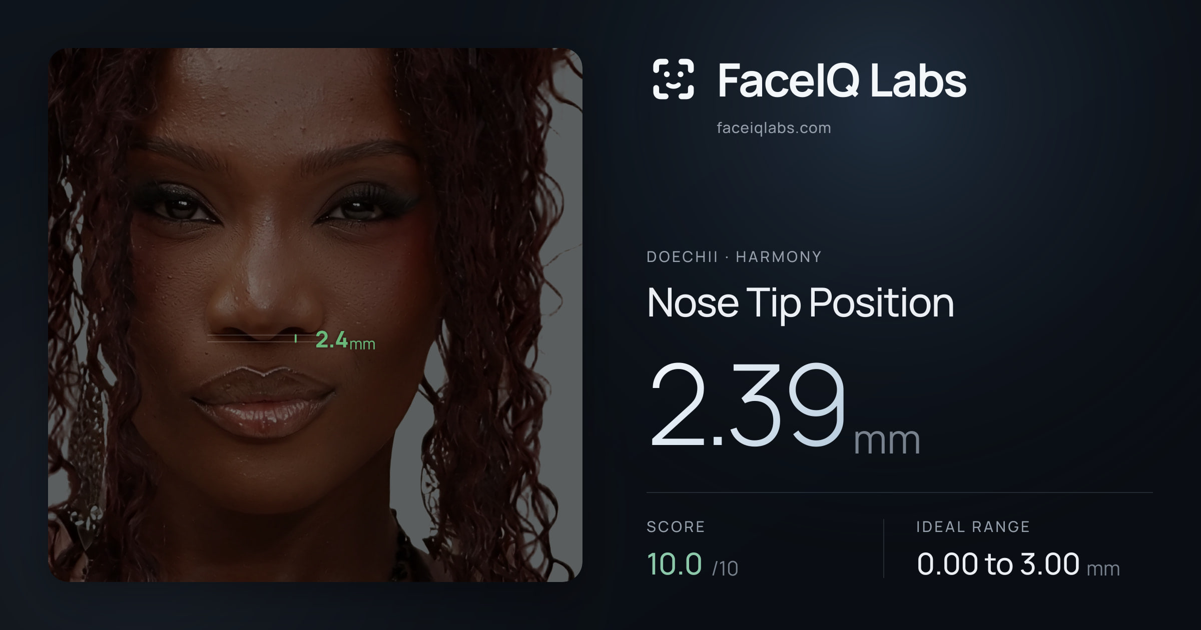Doechii Nose Tip Position: 2.39mm, drawn on the photo
