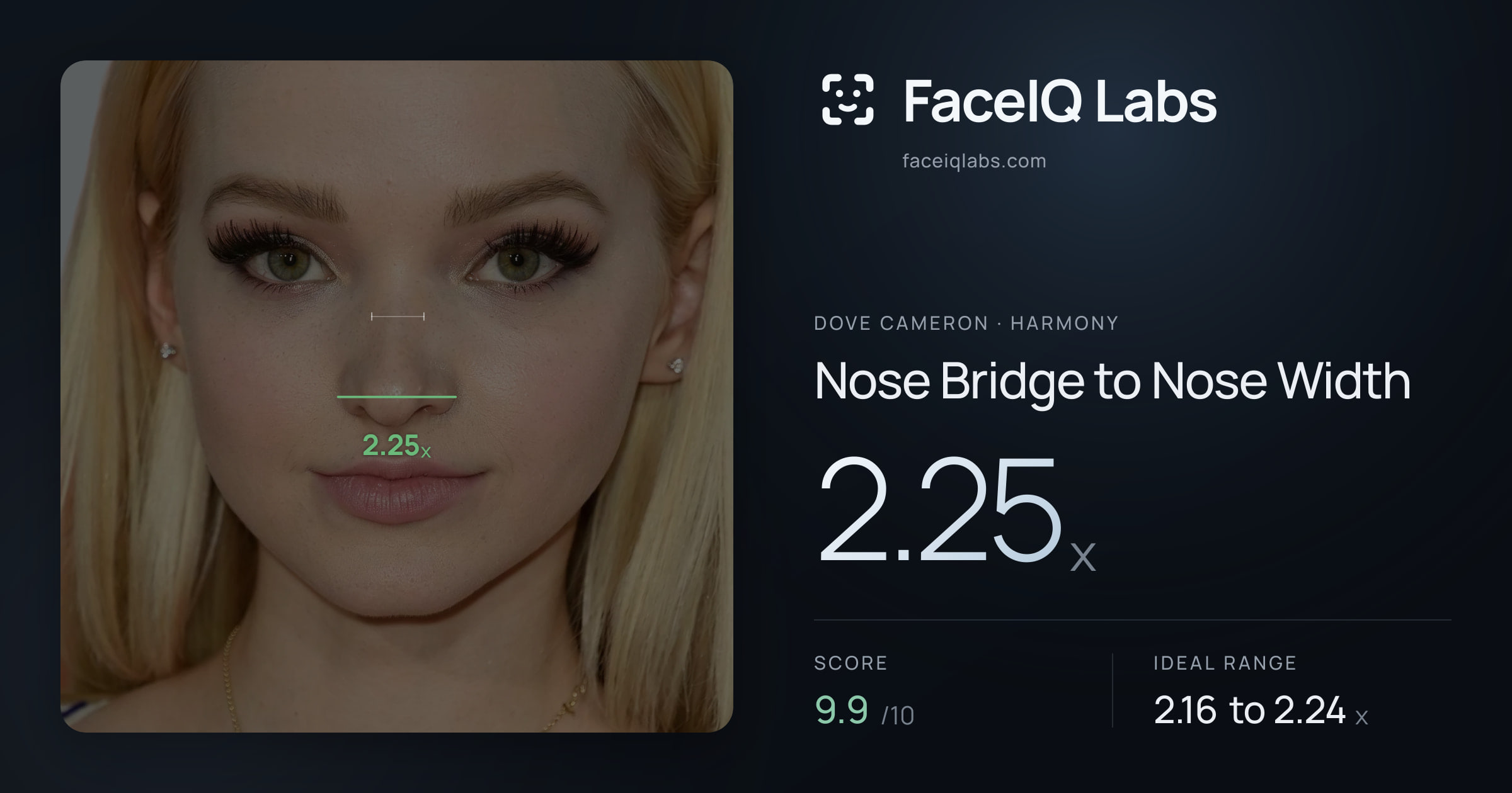 Dove Cameron Nose Bridge to Nose Width: 2.25x, drawn on the photo
