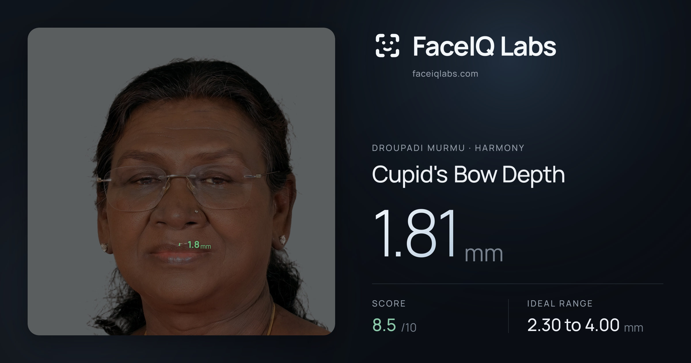 Droupadi Murmu Cupid's Bow Depth: 1.81mm, drawn on the photo