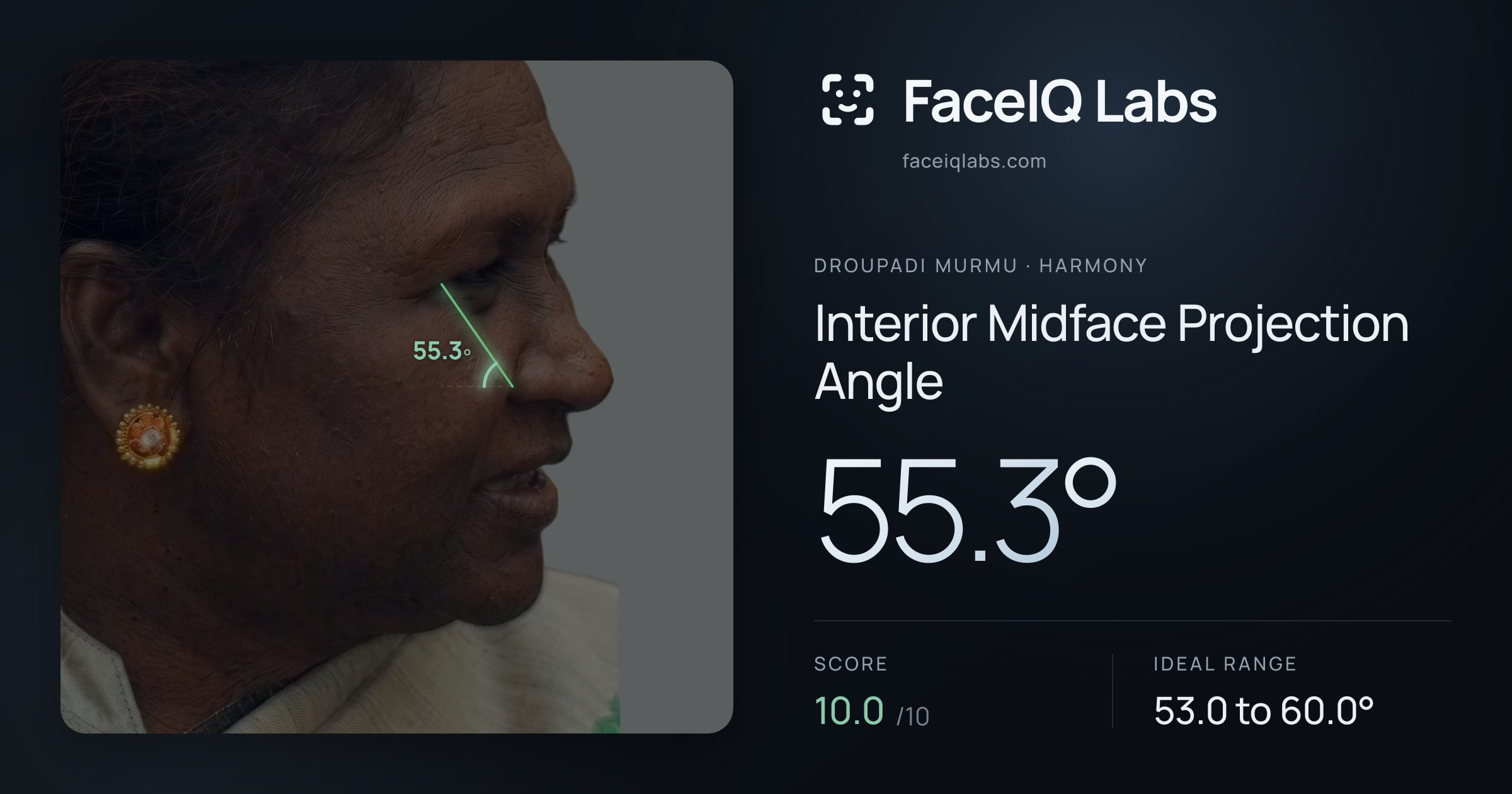 Droupadi Murmu Interior Midface Projection Angle: 55.3°, drawn on the photo