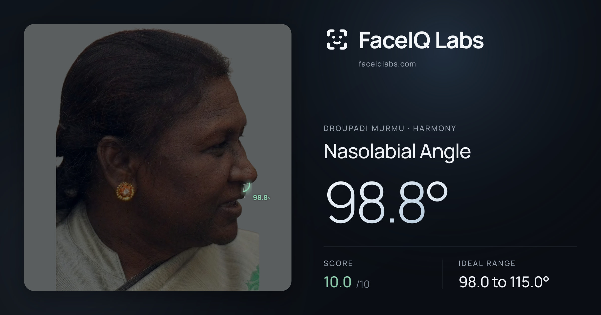 Droupadi Murmu Nasolabial Angle: 98.8°, drawn on the photo