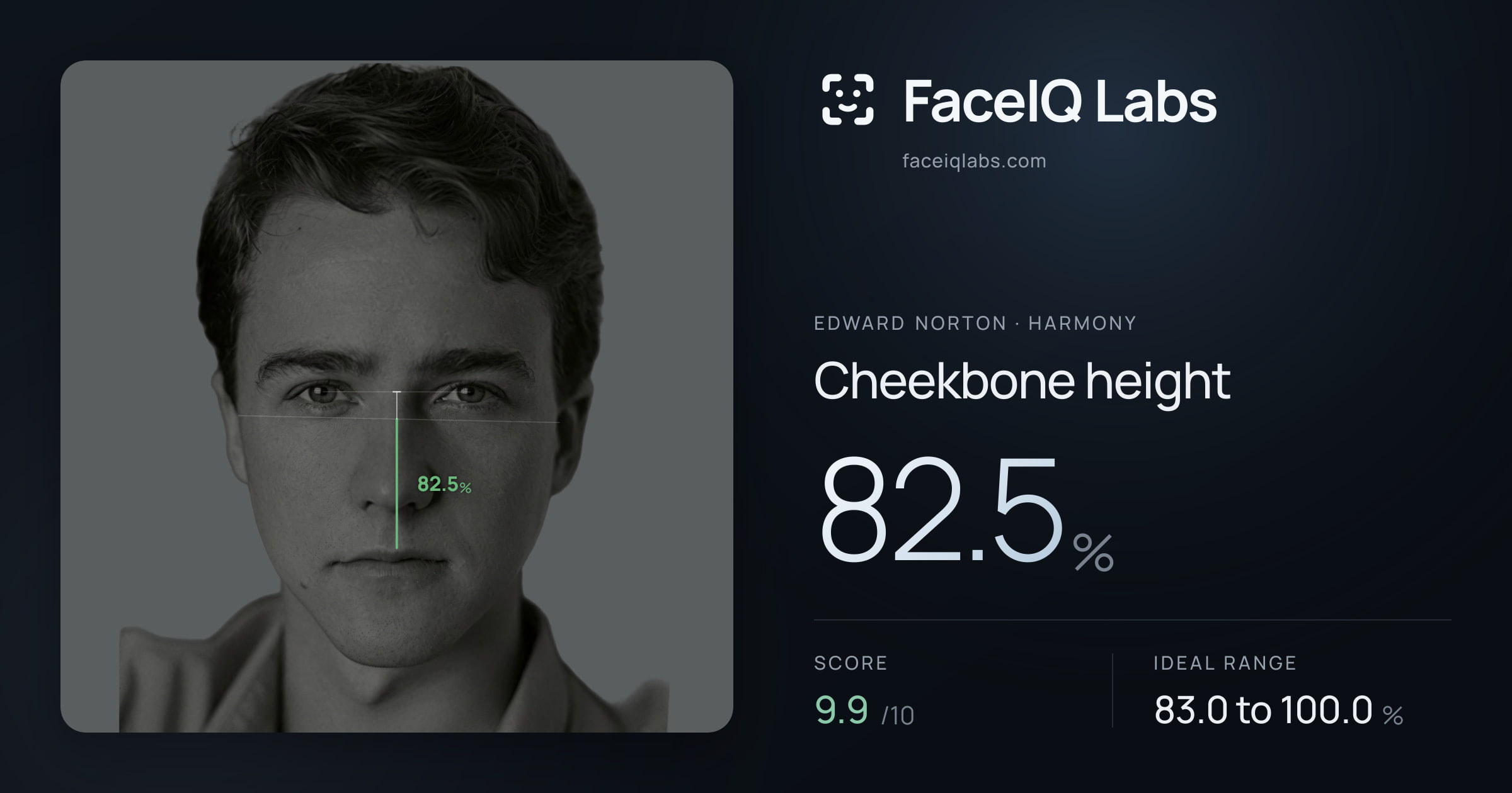 Edward Norton Cheekbone height: 82.5%, drawn on the photo