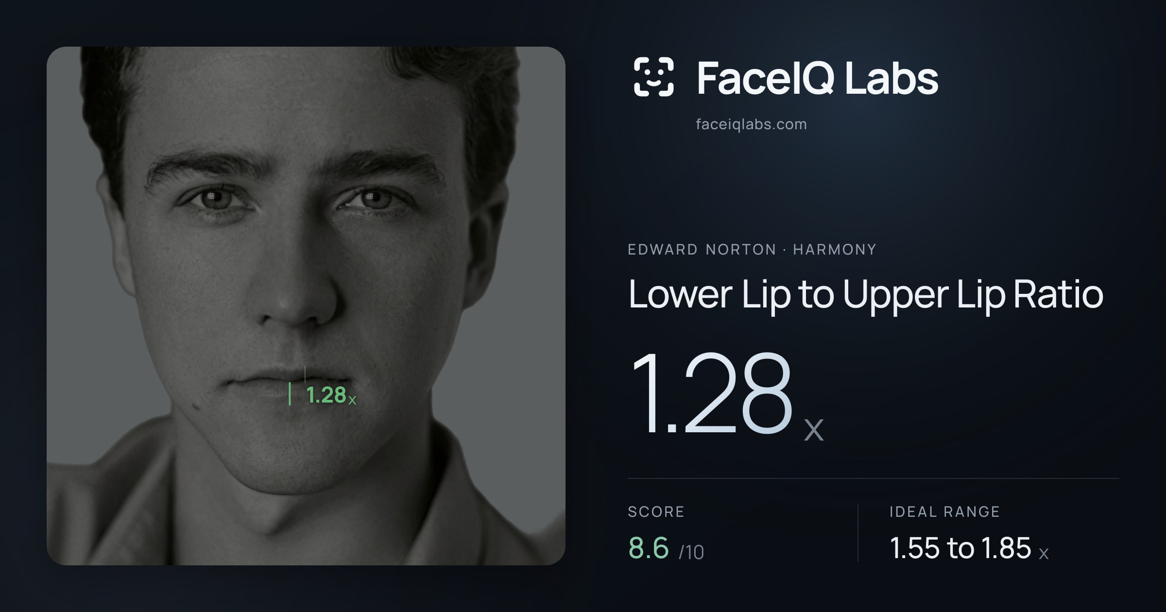Edward Norton Lower Lip to Upper Lip Ratio: 1.28x, drawn on the photo