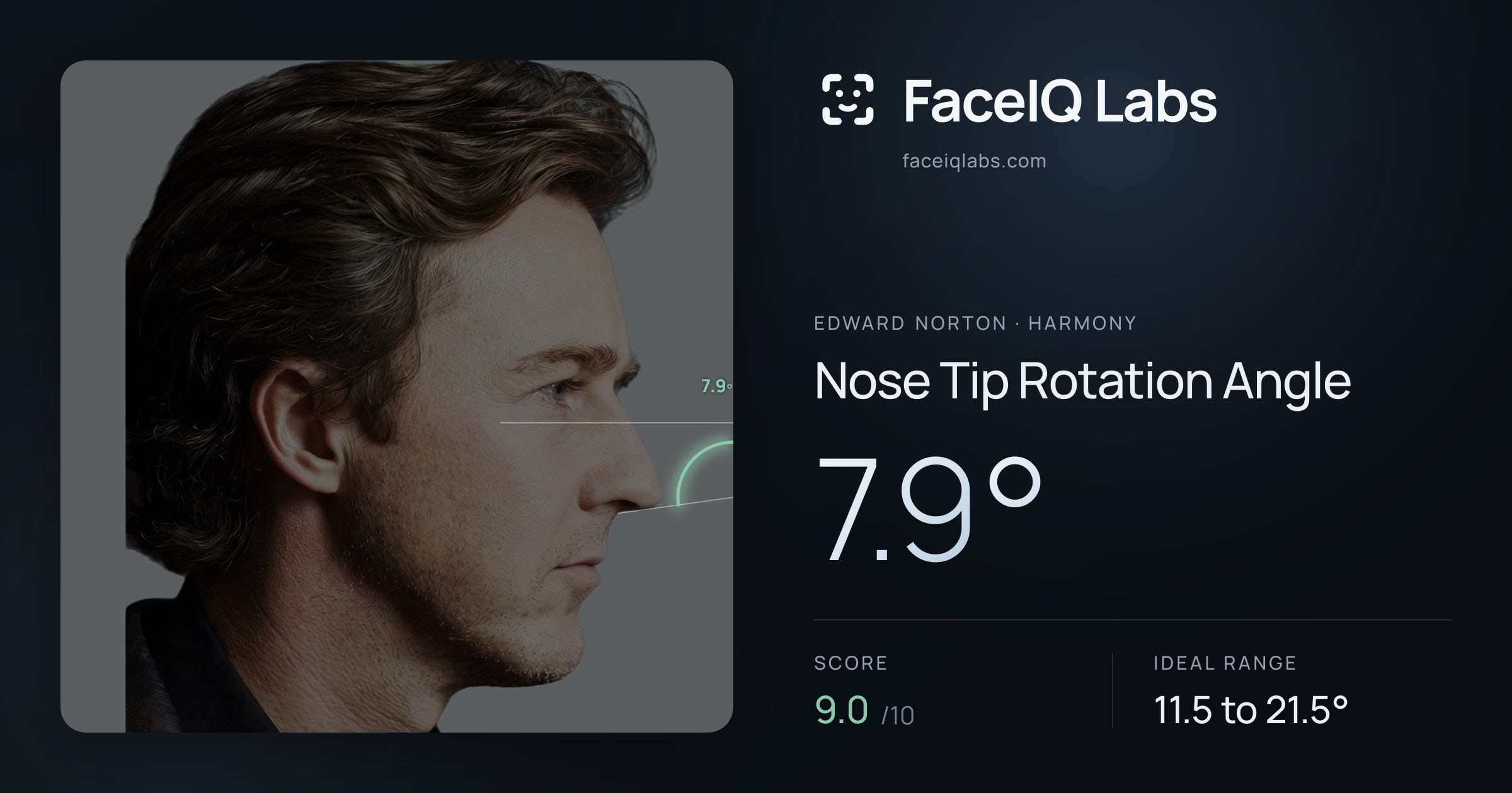 Edward Norton Nose Tip Rotation Angle: 7.9°, drawn on the photo