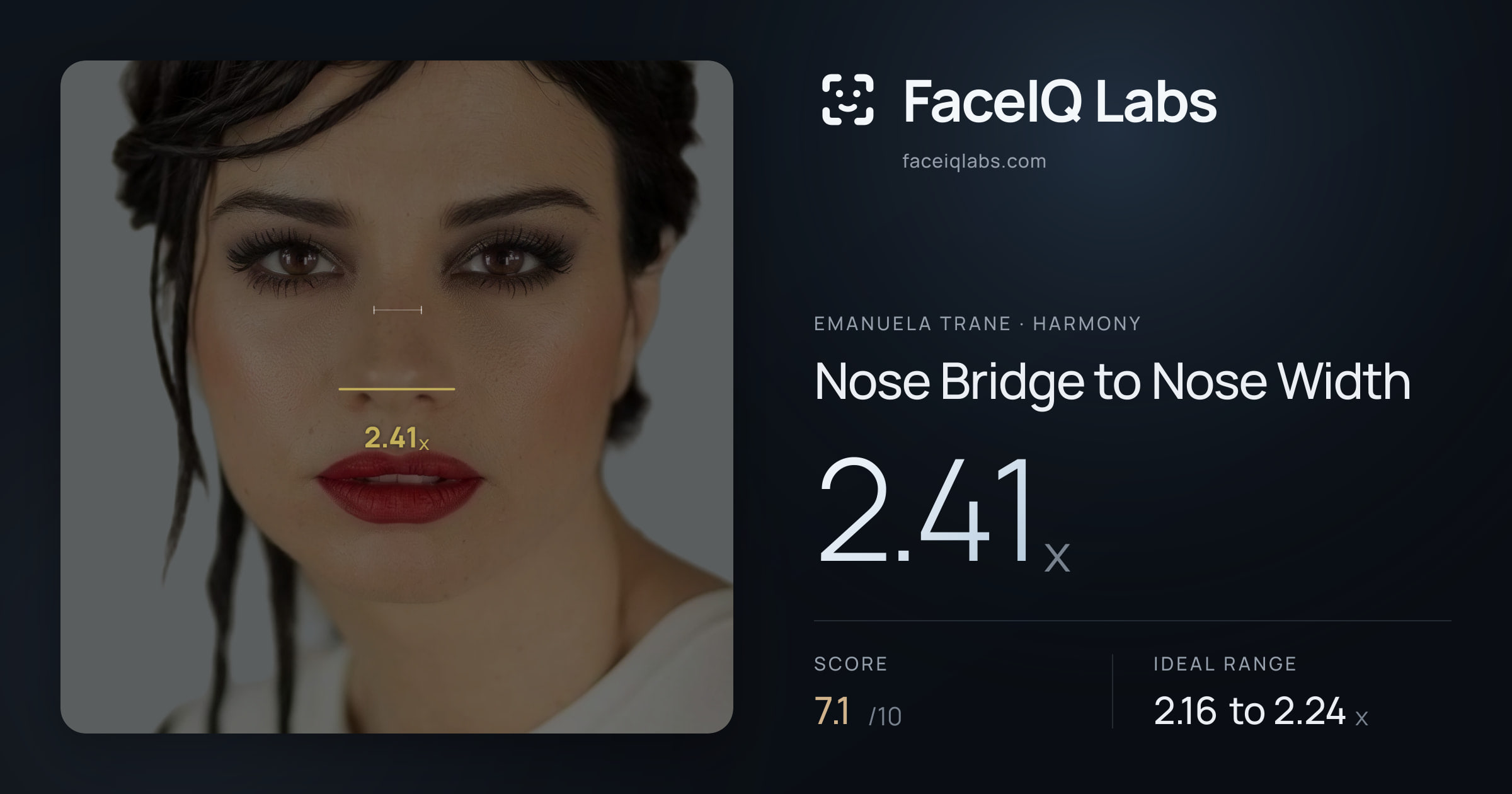 Emanuela Trane Nose Bridge to Nose Width: 2.41x, drawn on the photo