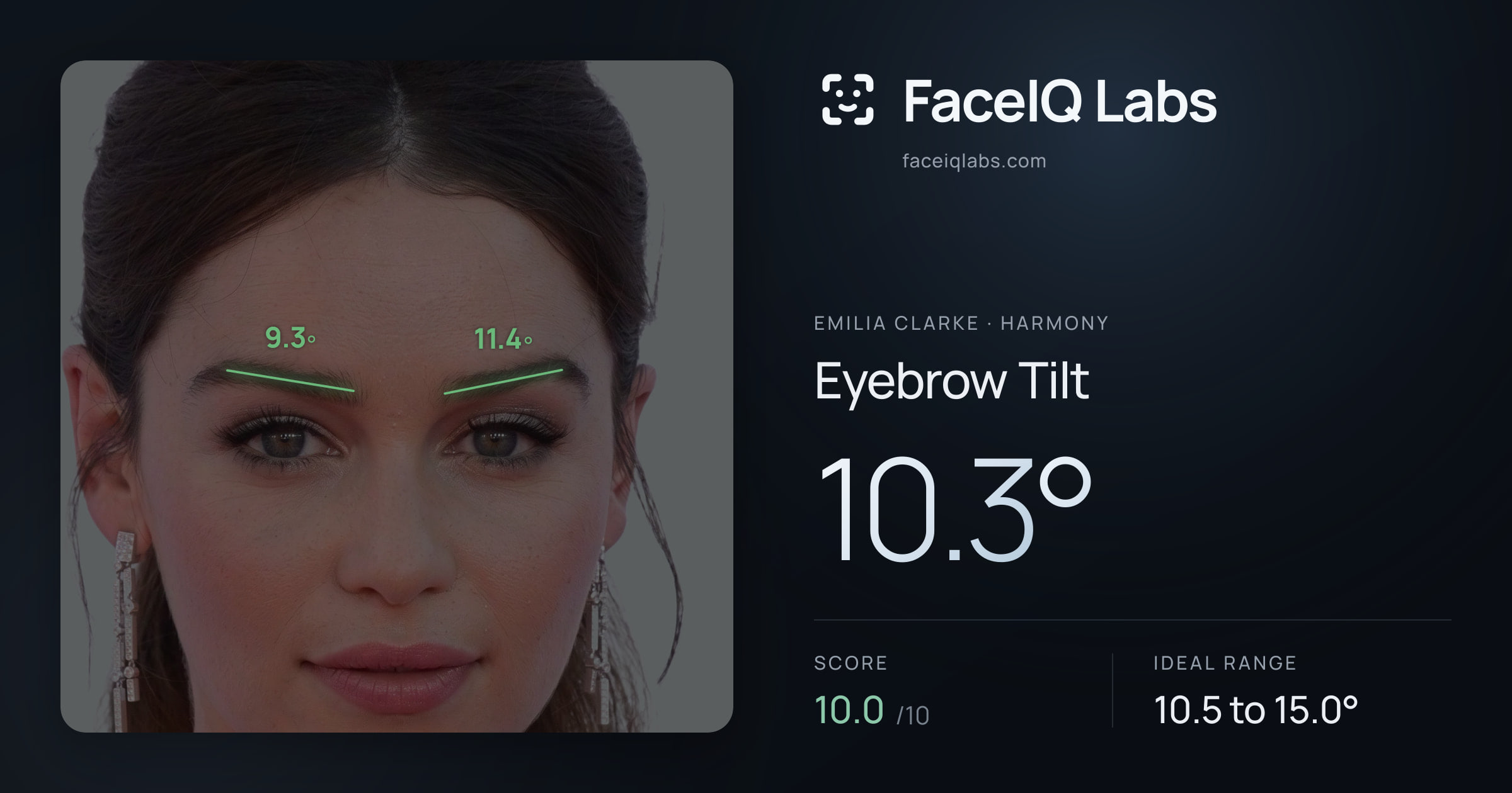 Emilia Clarke Eyebrow Tilt: 10.3°, drawn on the photo
