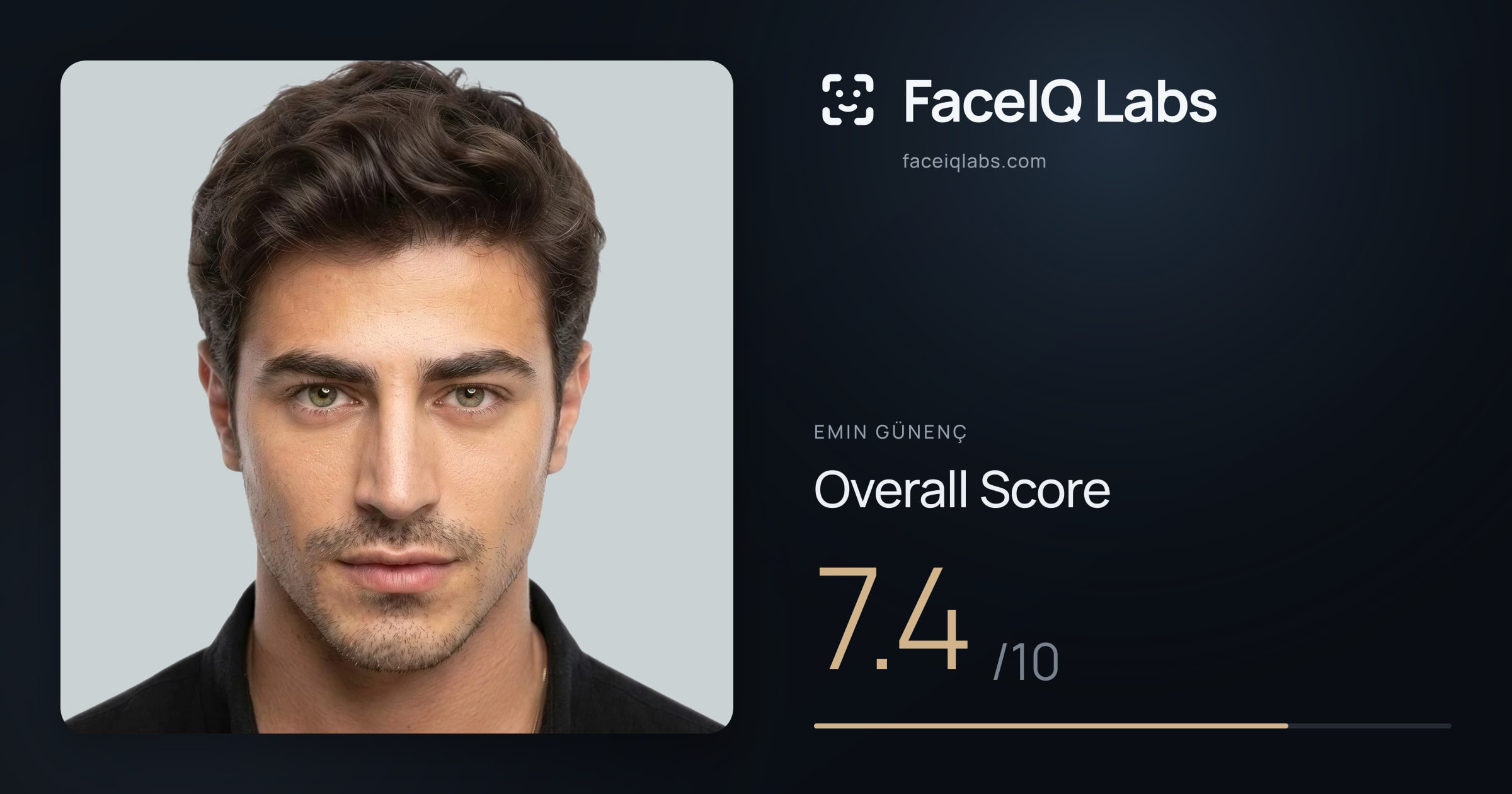 Emin Günenç face rating: 7.4/10, with each section's score