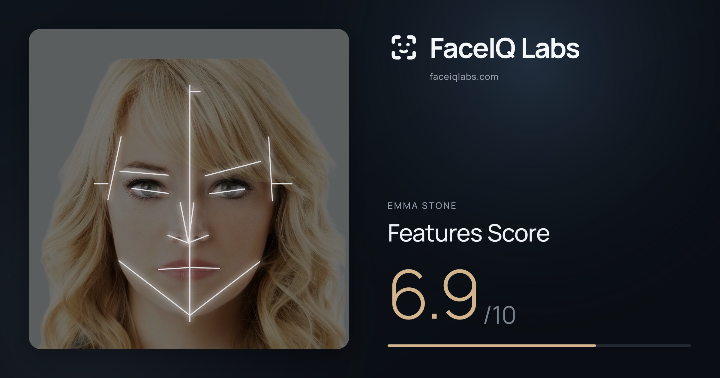 Emma Stone Features: 6.9/10, with each assessment drawn on the photo