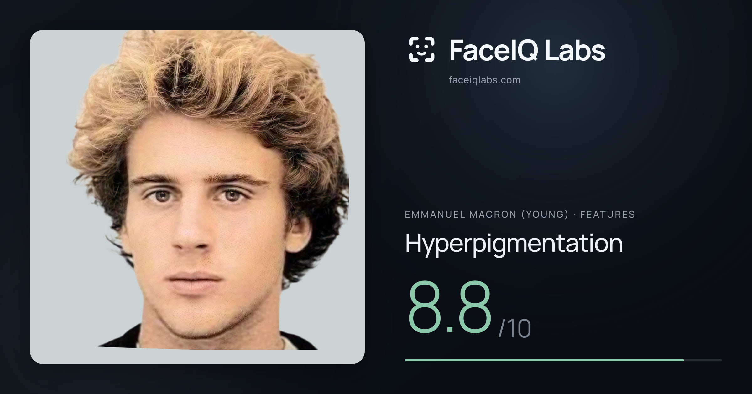 Emmanuel Macron (Young) Hyperpigmentation: 8.8/10, drawn on the photo