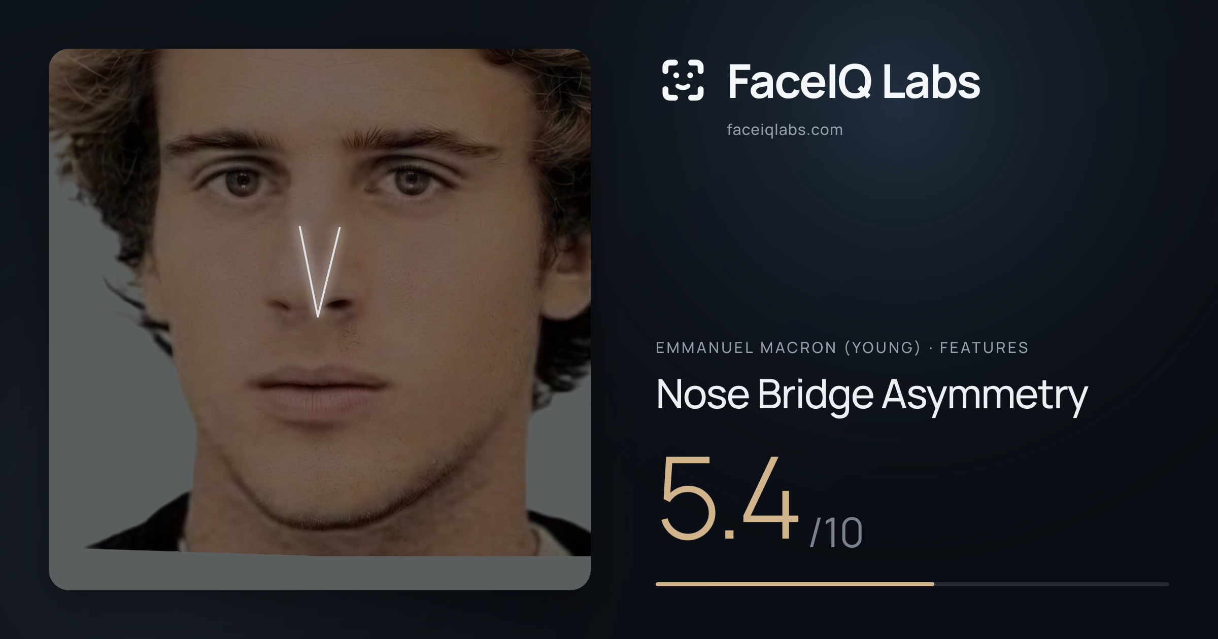 Emmanuel Macron (Young) Nose Bridge Asymmetry: 5.4/10, drawn on the photo