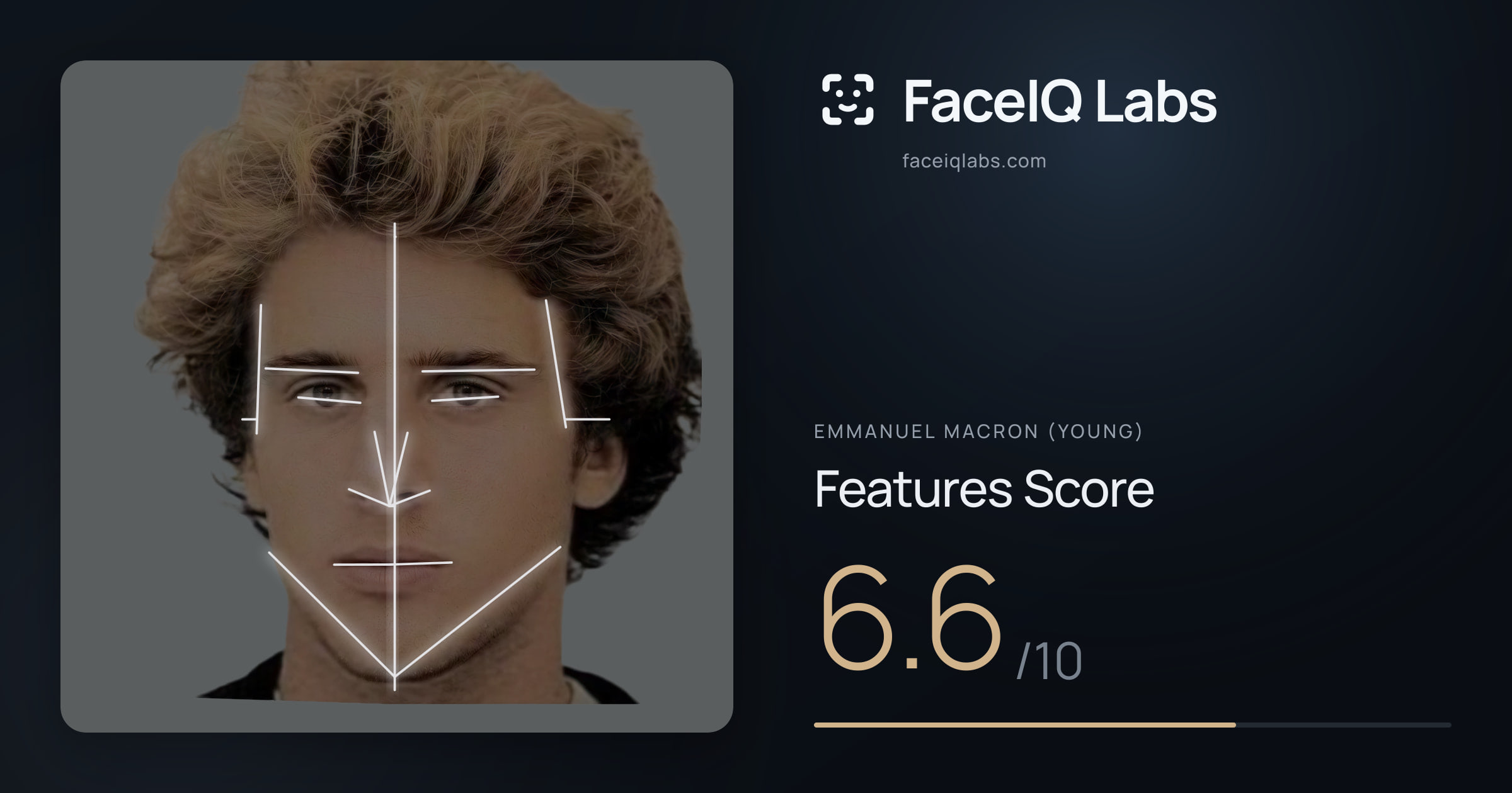 Emmanuel Macron (Young) Features: 6.6/10, with each assessment drawn on the photo