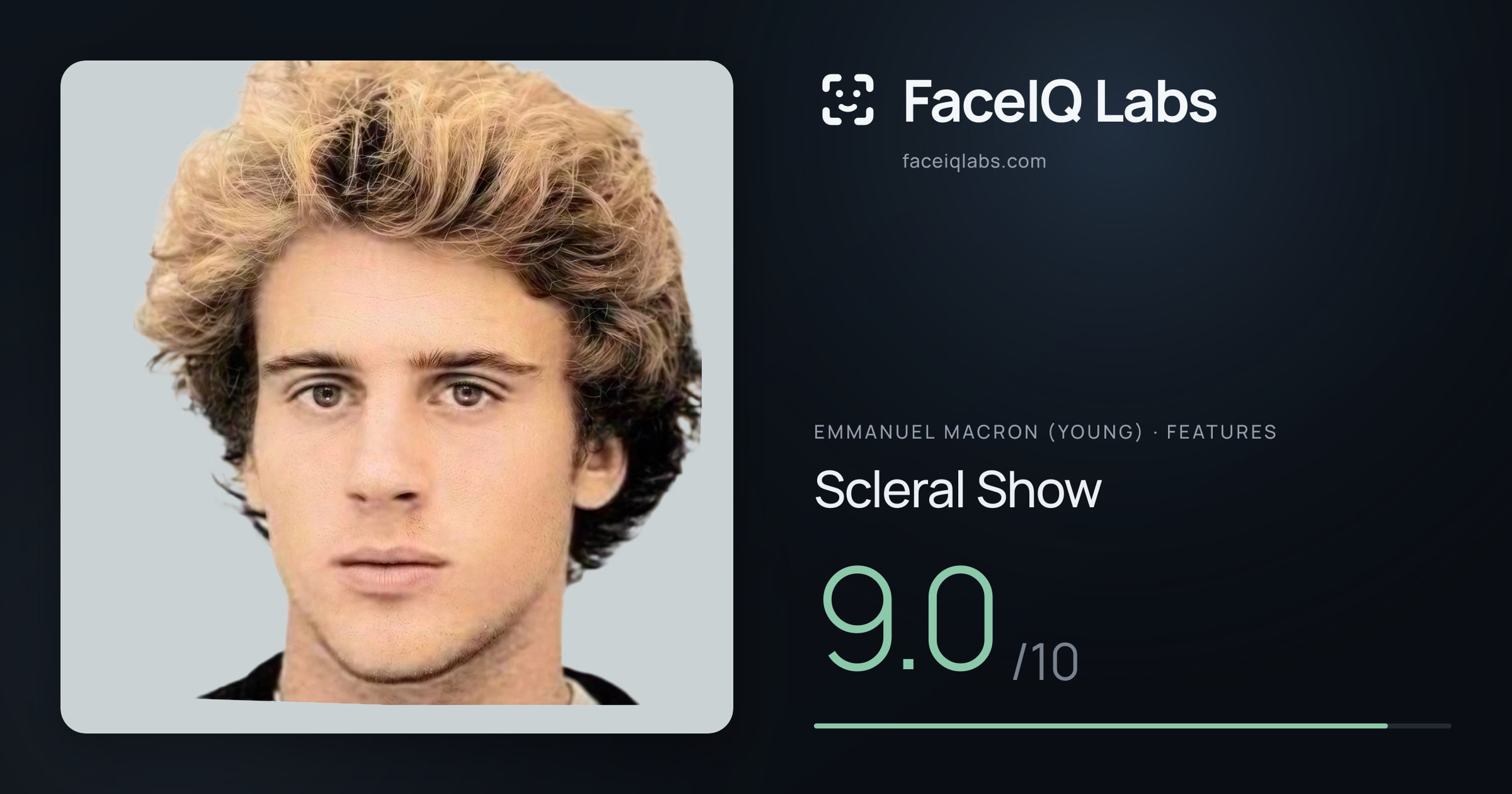 Emmanuel Macron (Young) Scleral Show: 9.0/10, drawn on the photo