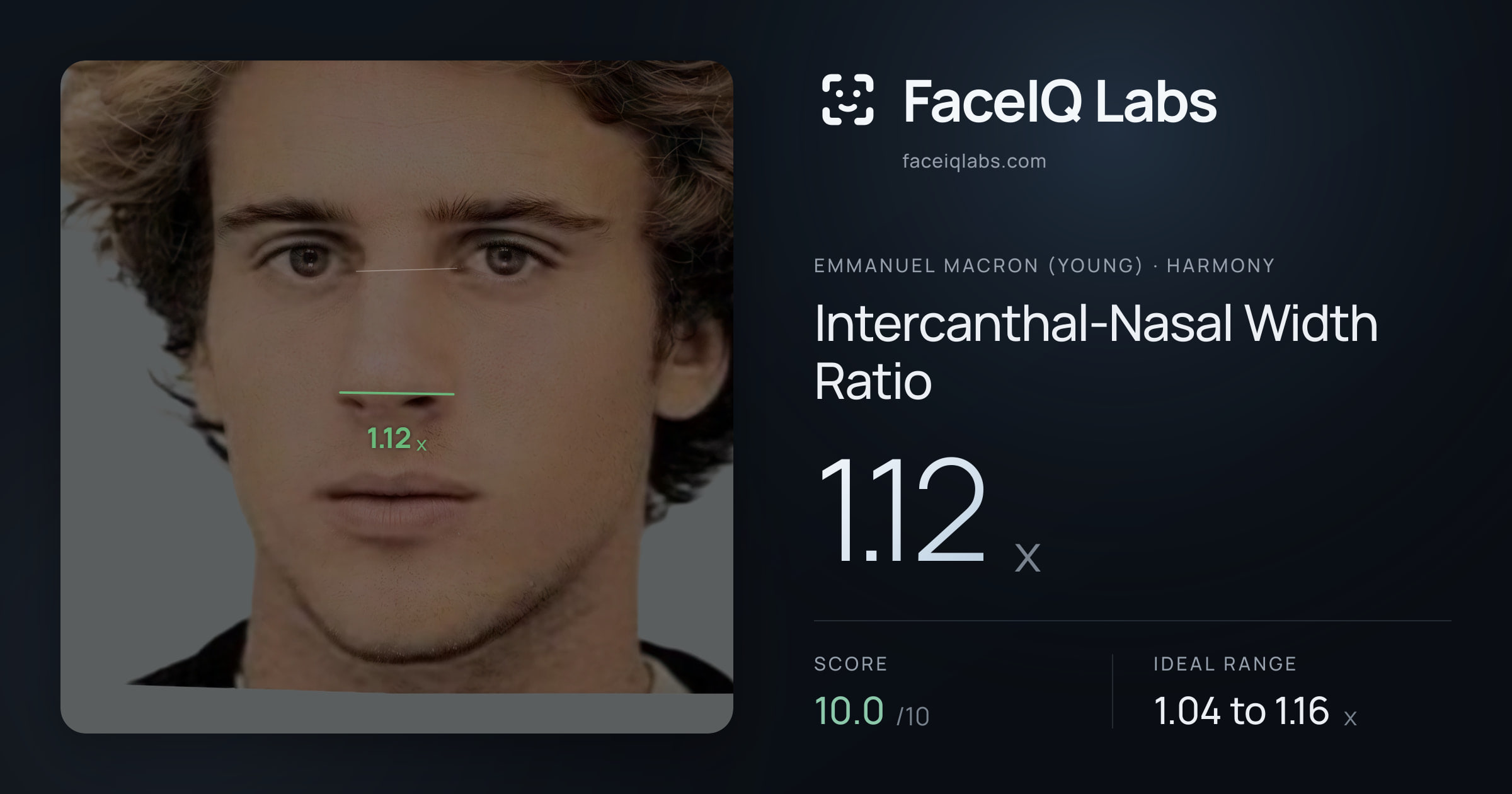 Emmanuel Macron (Young) Intercanthal-Nasal Width Ratio: 1.12x, drawn on the photo