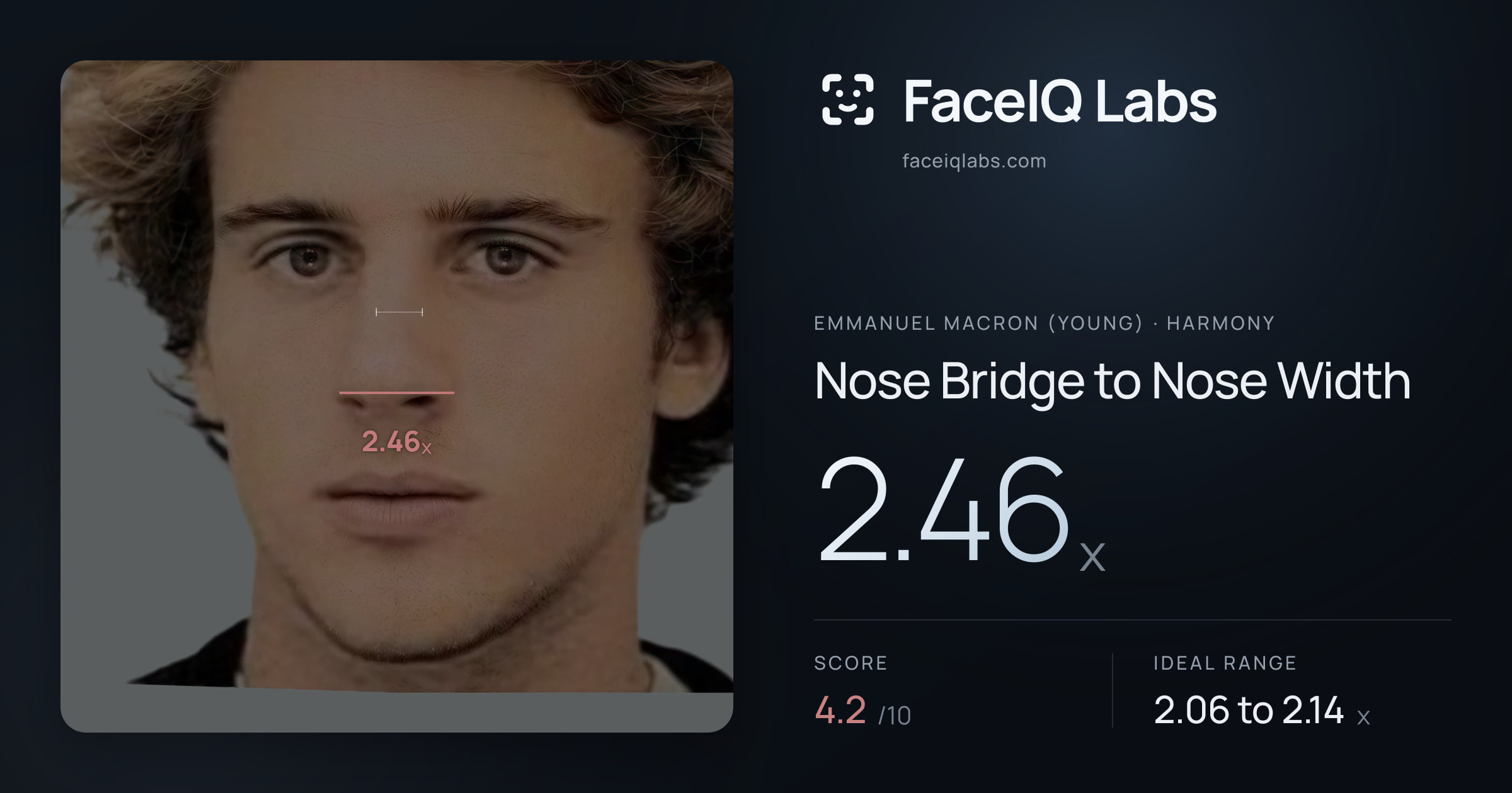 Emmanuel Macron (Young) Nose Bridge to Nose Width: 2.46x, drawn on the photo