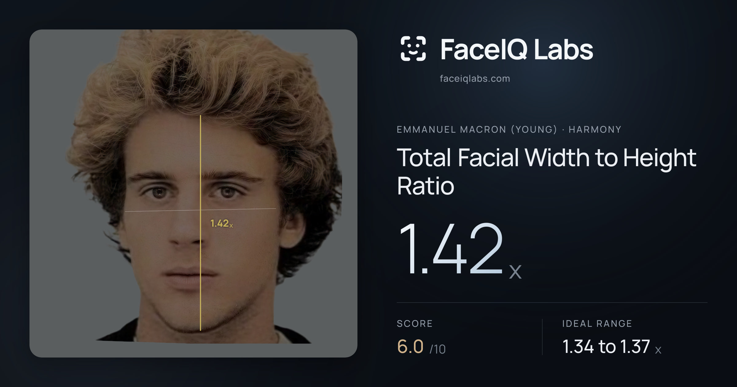 Emmanuel Macron (Young) Total Facial Width to Height Ratio: 1.42x, drawn on the photo