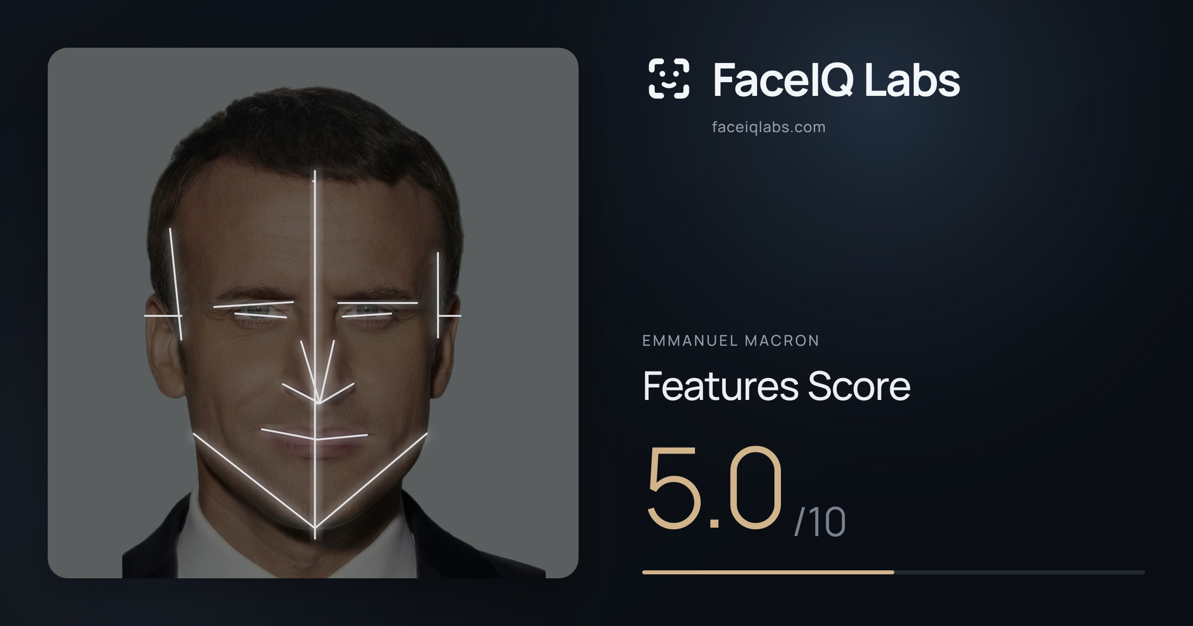 Emmanuel Macron Features: 5.0/10, with each assessment drawn on the photo