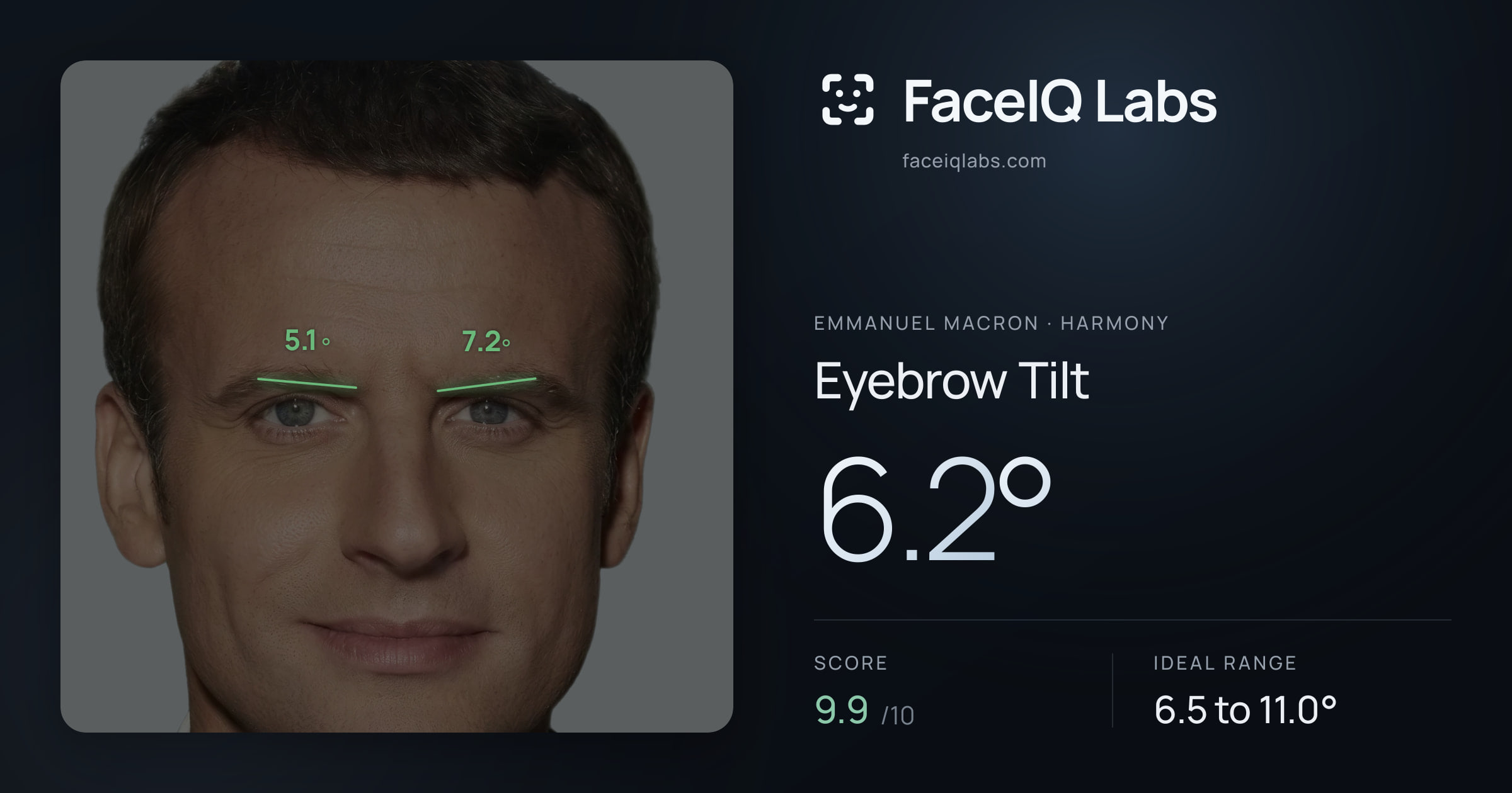 Emmanuel Macron Eyebrow Tilt: 6.2°, drawn on the photo