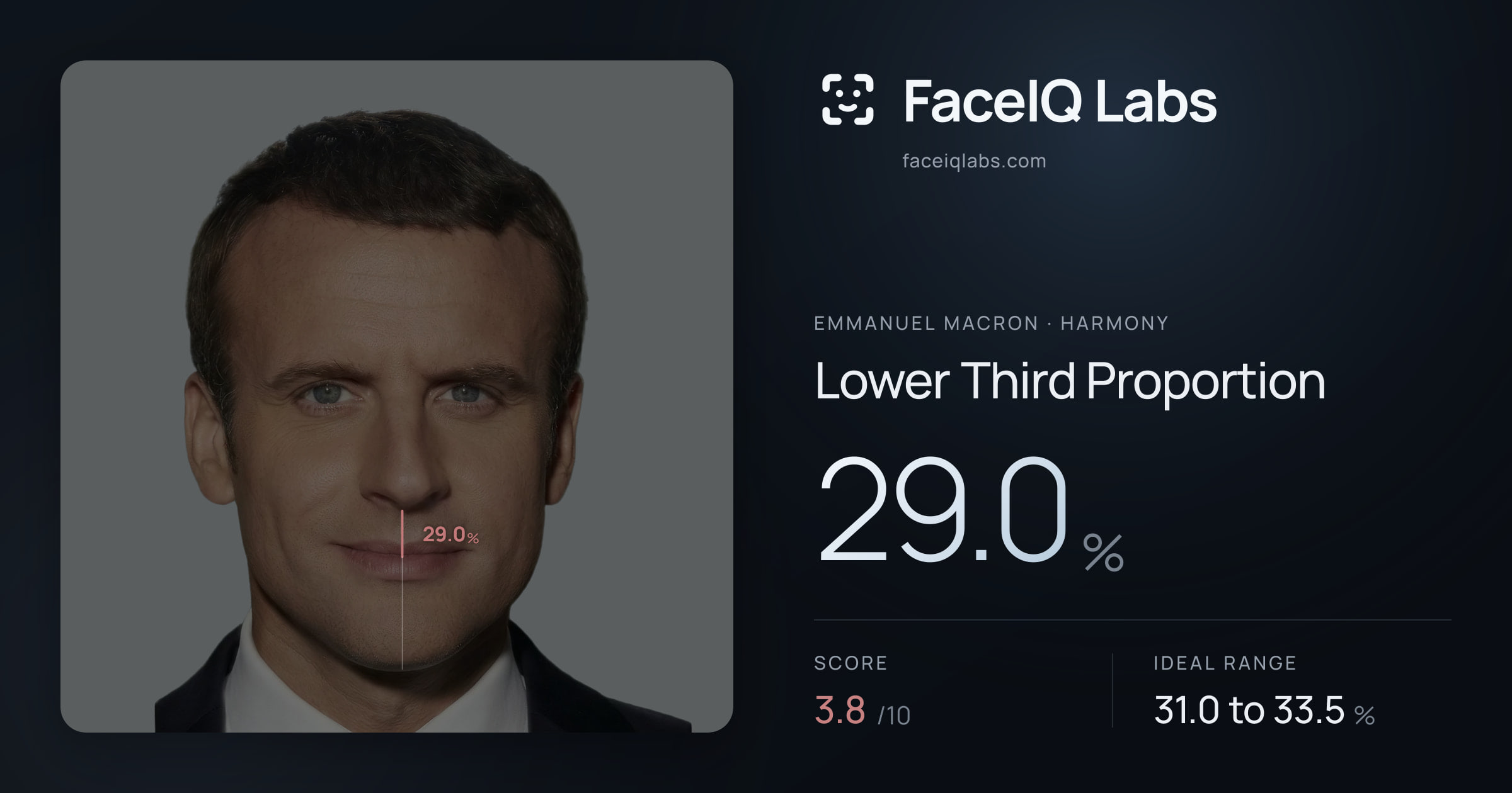 Emmanuel Macron Lower Third Proportion: 29.0%, drawn on the photo