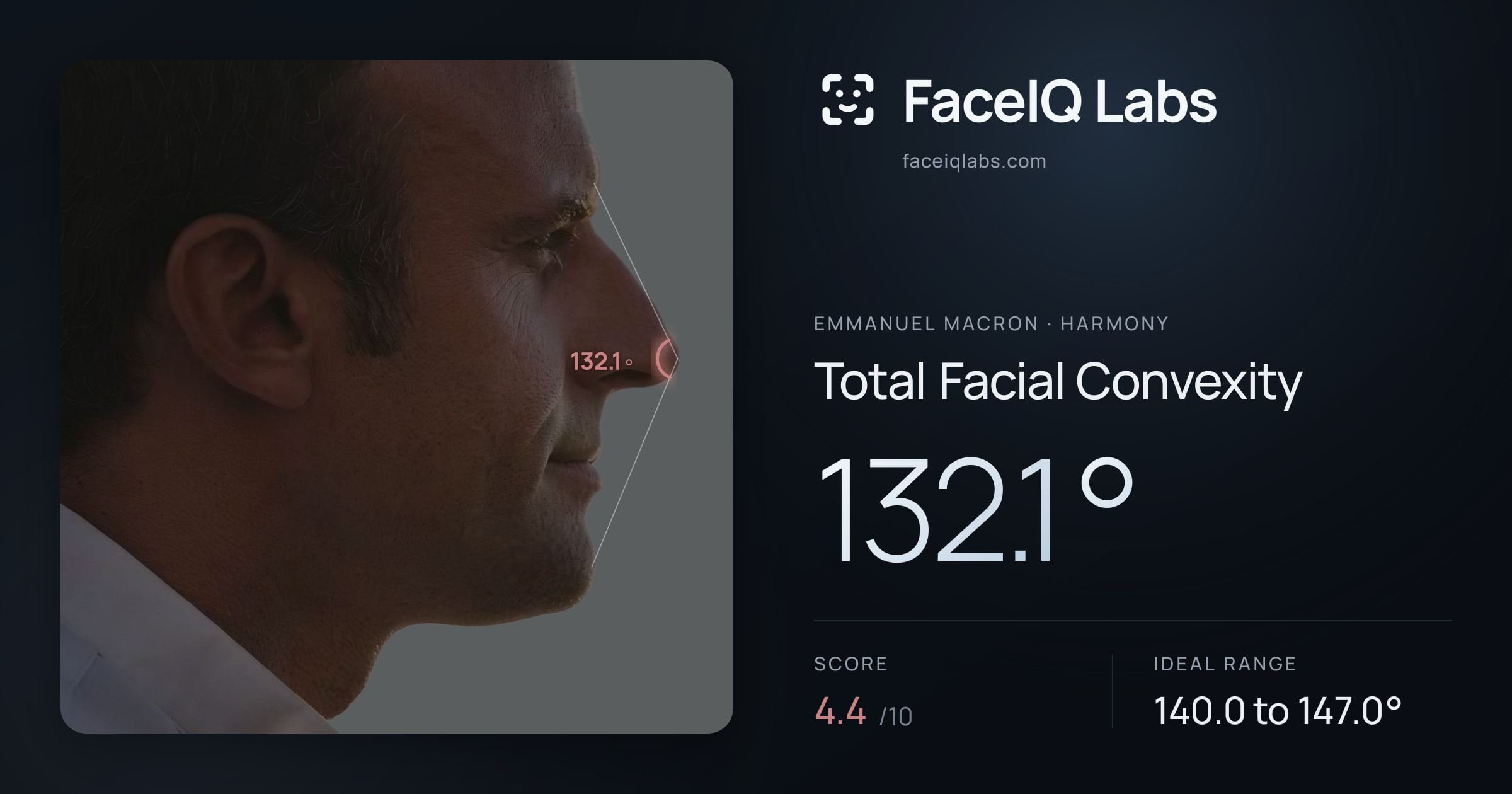 Emmanuel Macron Total Facial Convexity: 132.1°, drawn on the photo