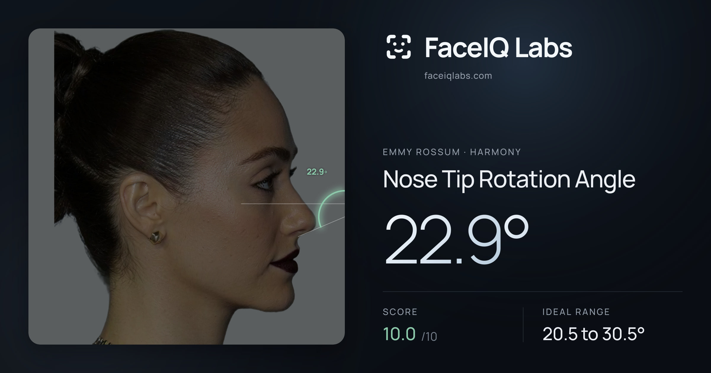 Emmy Rossum Nose Tip Rotation Angle: 22.9°, drawn on the photo