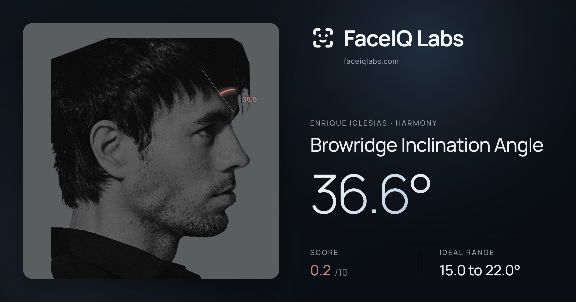 Enrique Iglesias Browridge Inclination Angle: 36.6°, drawn on the photo