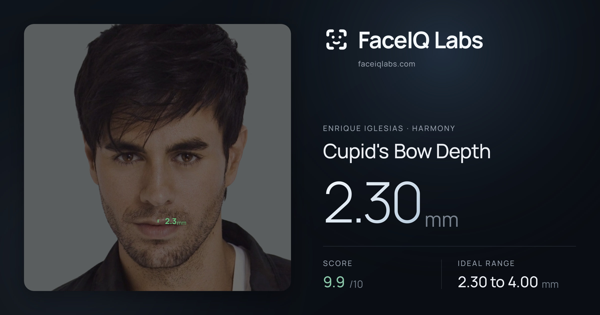 Enrique Iglesias Cupid's Bow Depth: 2.30mm, drawn on the photo
