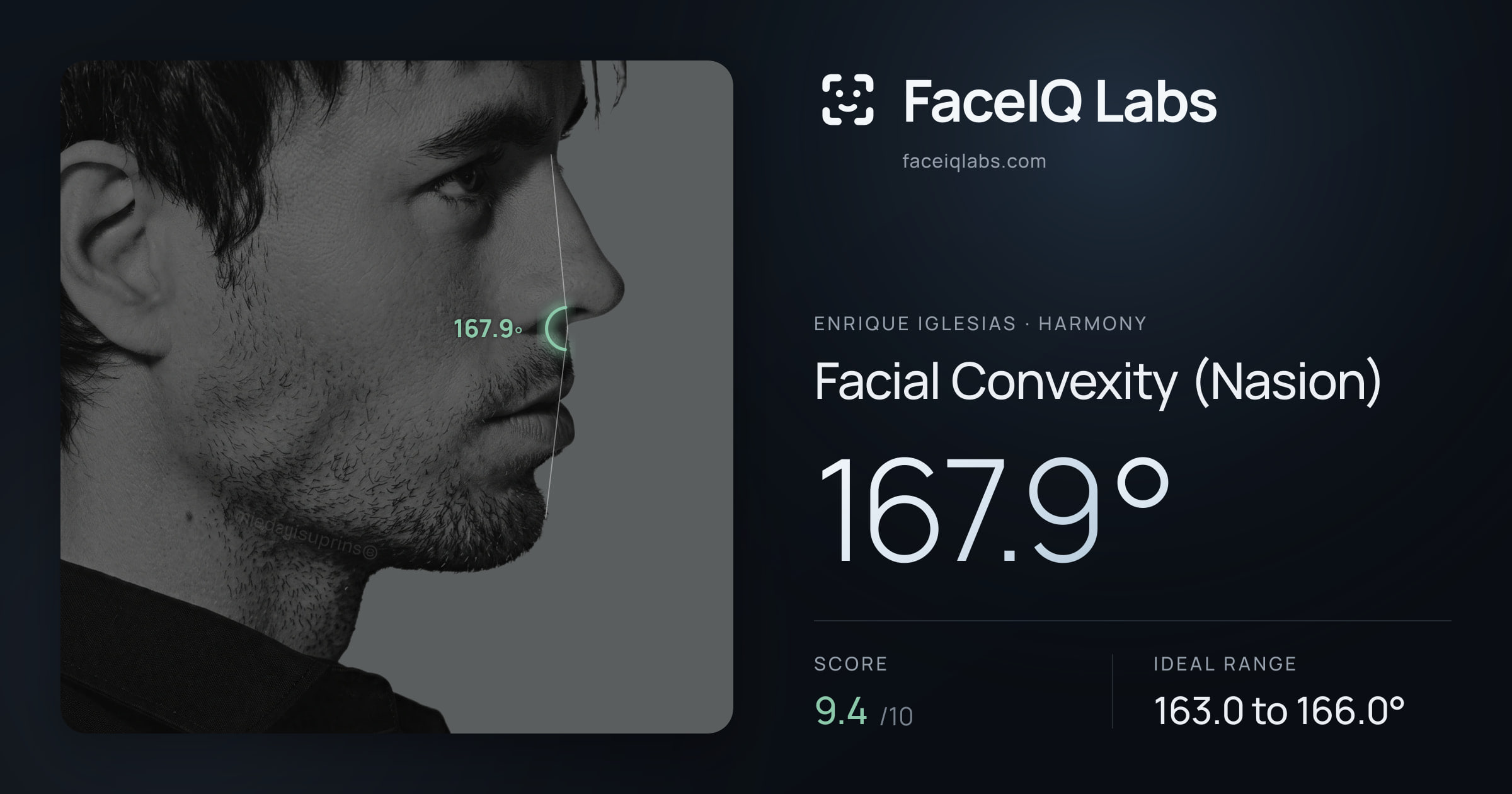 Enrique Iglesias Facial Convexity (Nasion): 167.9°, drawn on the photo