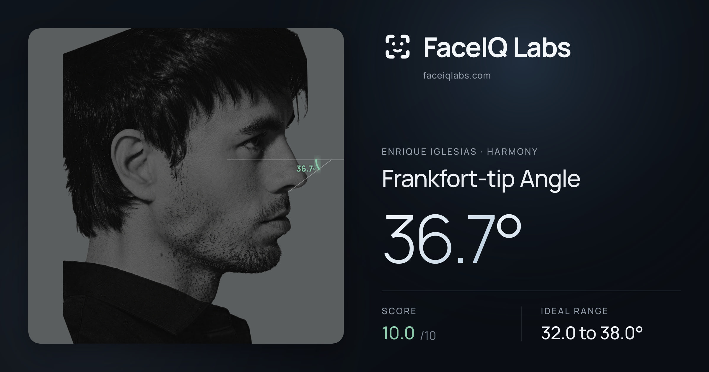 Enrique Iglesias Frankfort-tip Angle: 36.7°, drawn on the photo